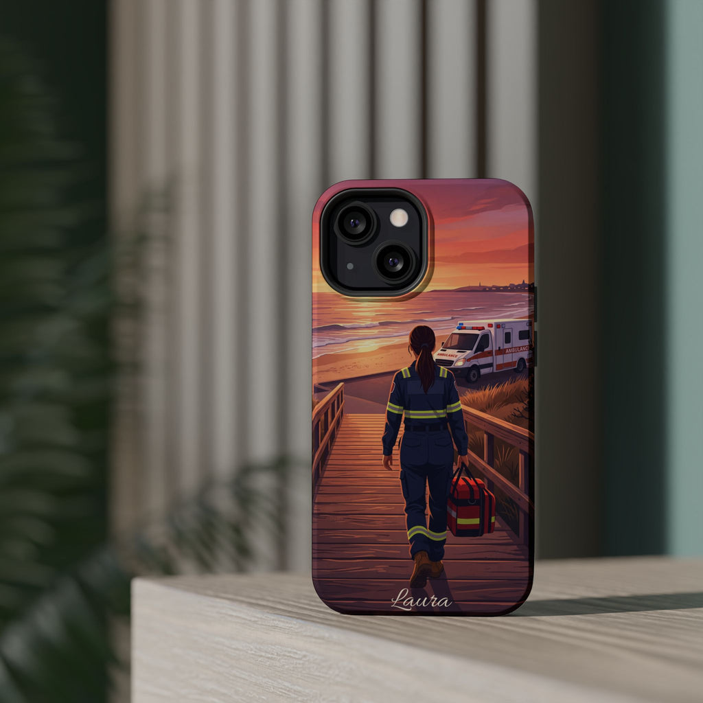 Sunset Boardwalk Personalized Paramedic Phone Case — Wireless Charging Cover