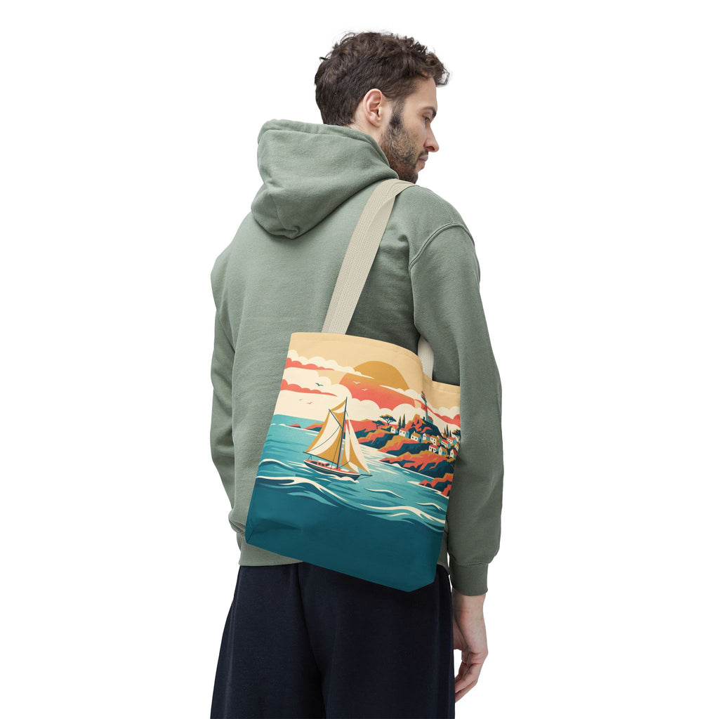 Coastal Lighthouse Sailboat Tote Bag – Retro Seaside Sunset Beach Bag