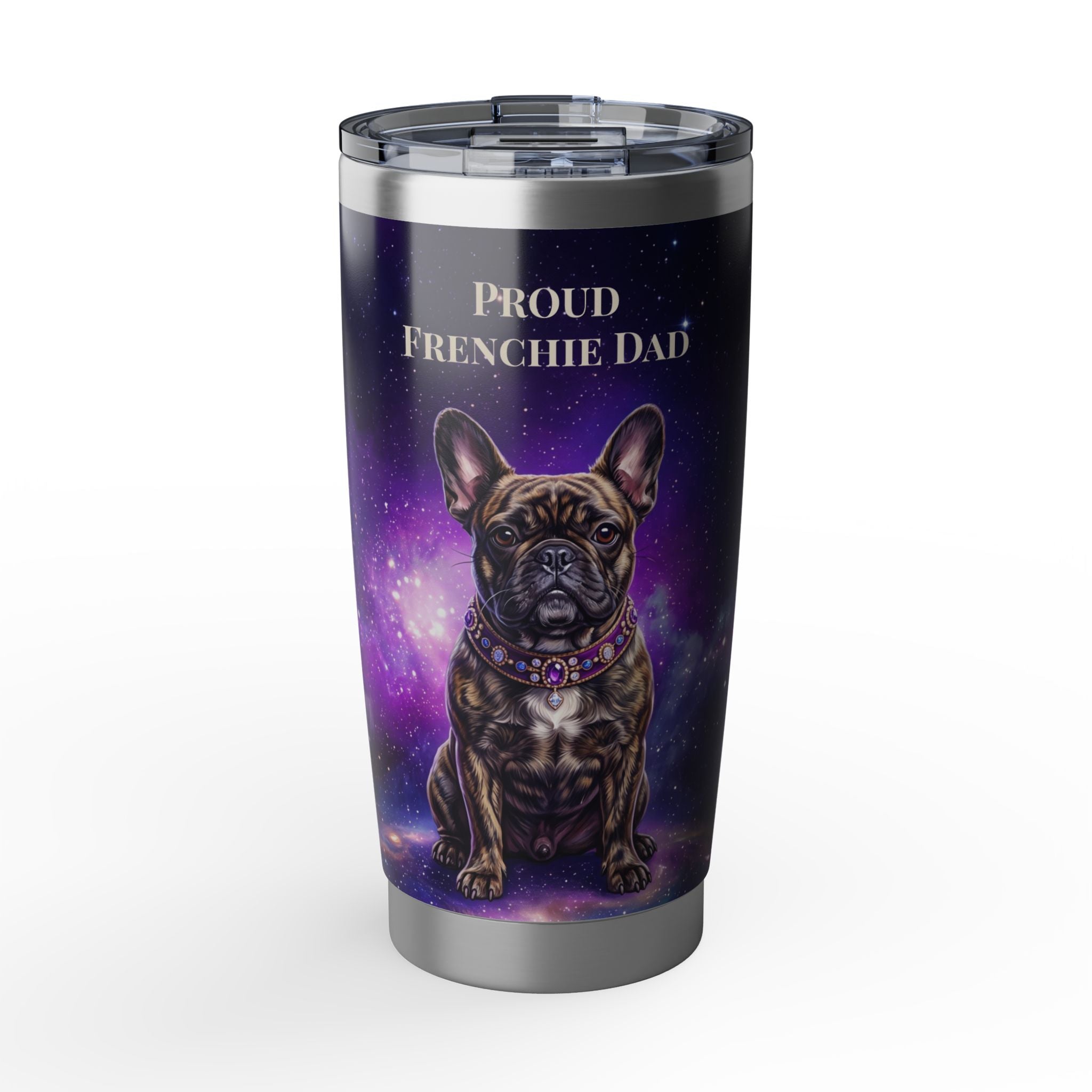 Personalized Frenchie Tumbler – Purple Galaxy Travel Mug, Custom Name Gift for Dog Dad