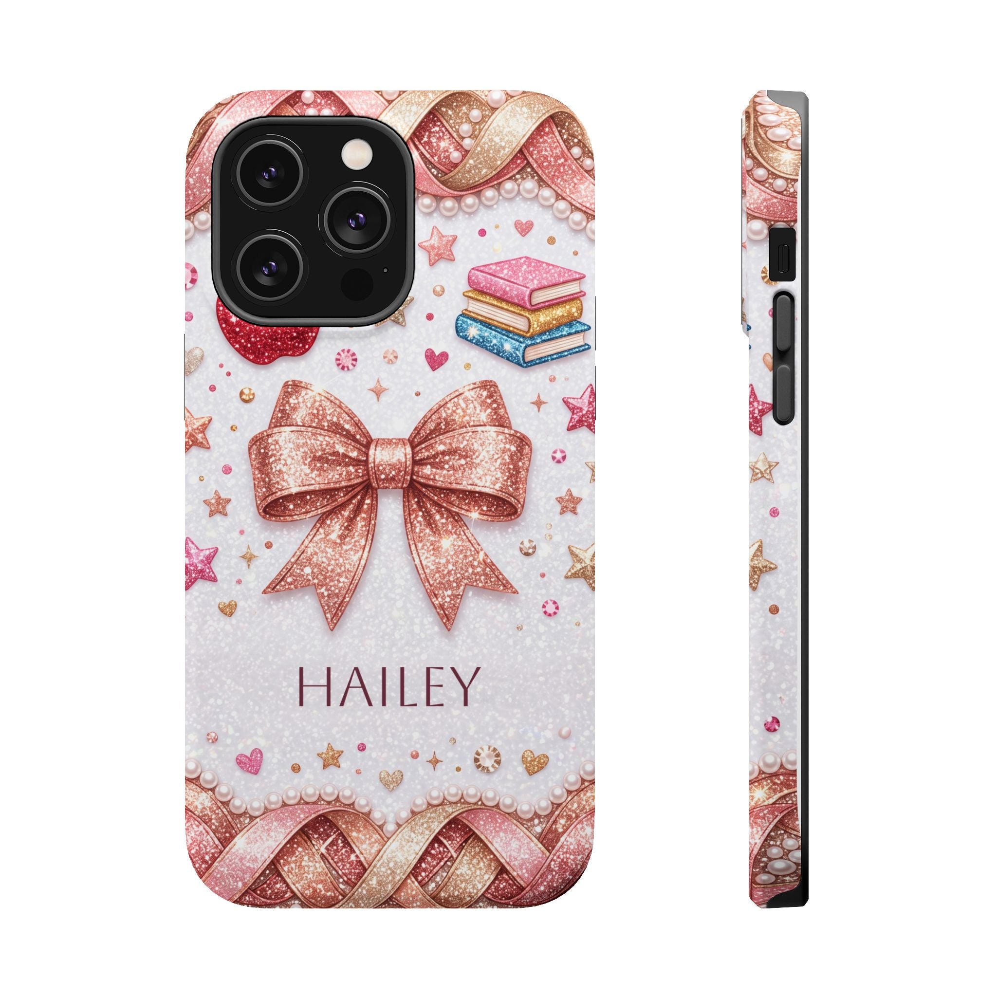 Rose Gold Glitter Bow Personalized Teacher Phone Case — Wireless Charging Cover