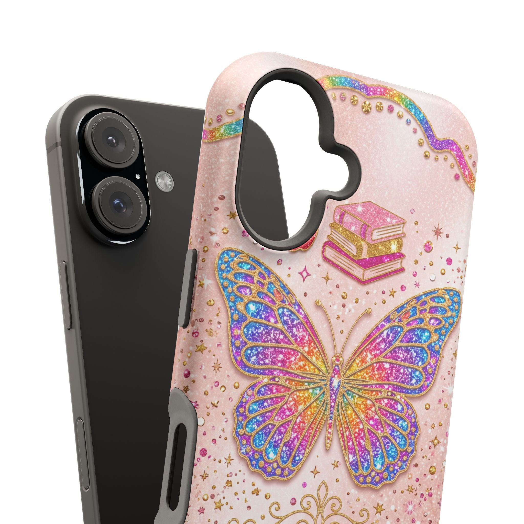 Blush Glitter Butterfly Personalized Teacher Phone Case — Wireless Charging Cover