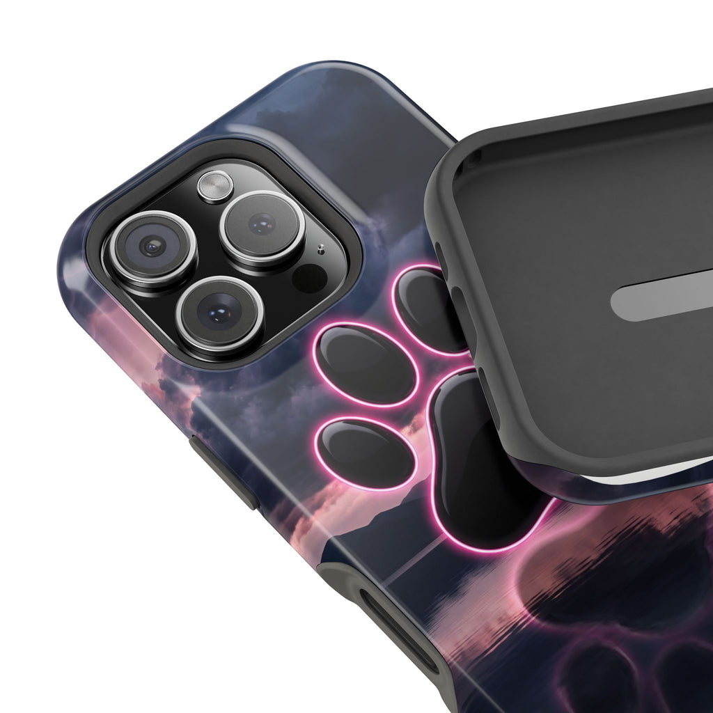 Neon Paw Print Phone Case — Impact-Resistant Wireless Charging Cover