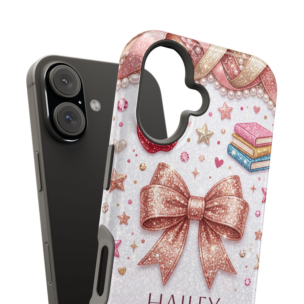 Rose Gold Glitter Bow Personalized Teacher Phone Case — Wireless Charging Cover
