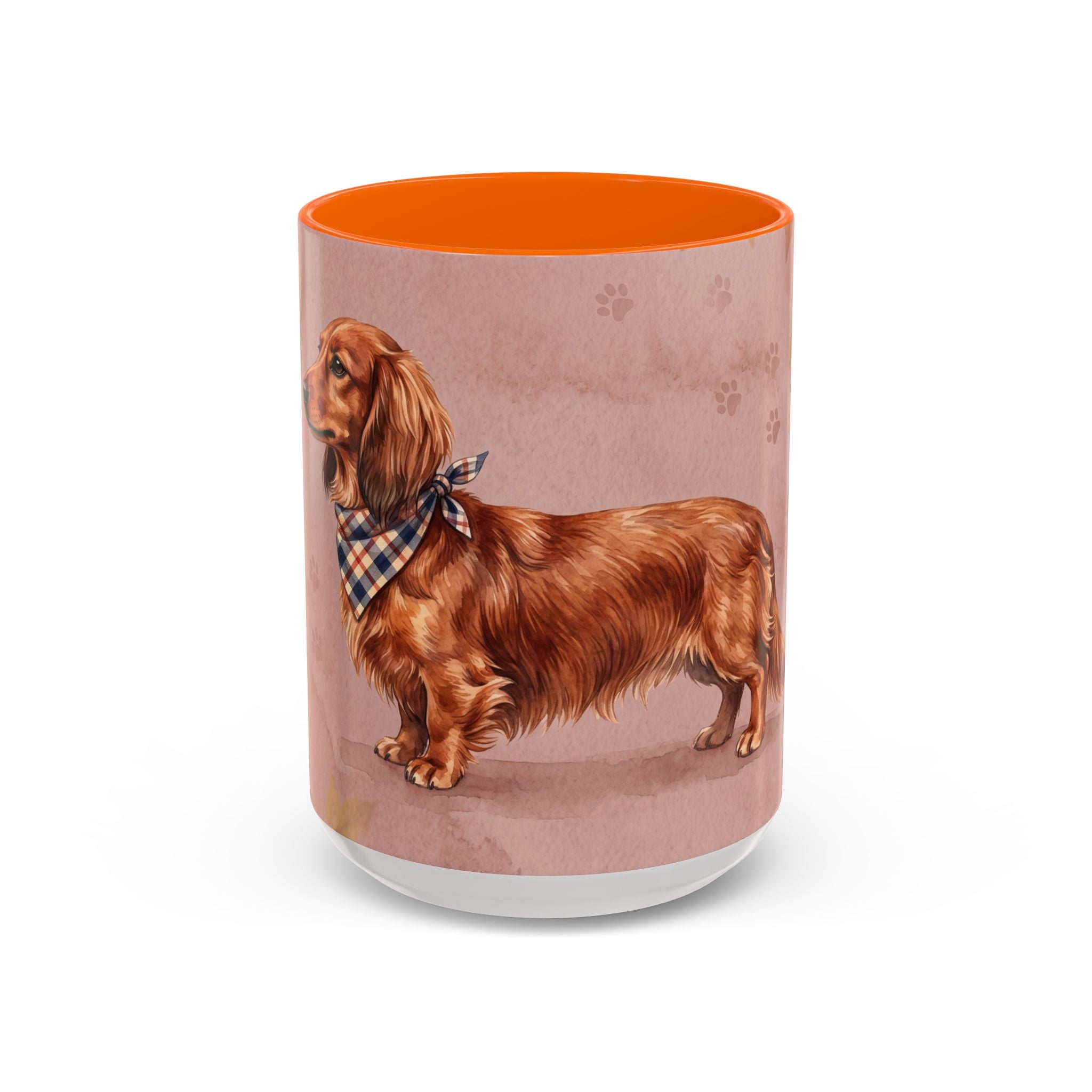Dachshund Lover Mug | Long-Haired Wiener Dog with Plaid Bandana, Dusty Rose Watercolor Dog Gift
