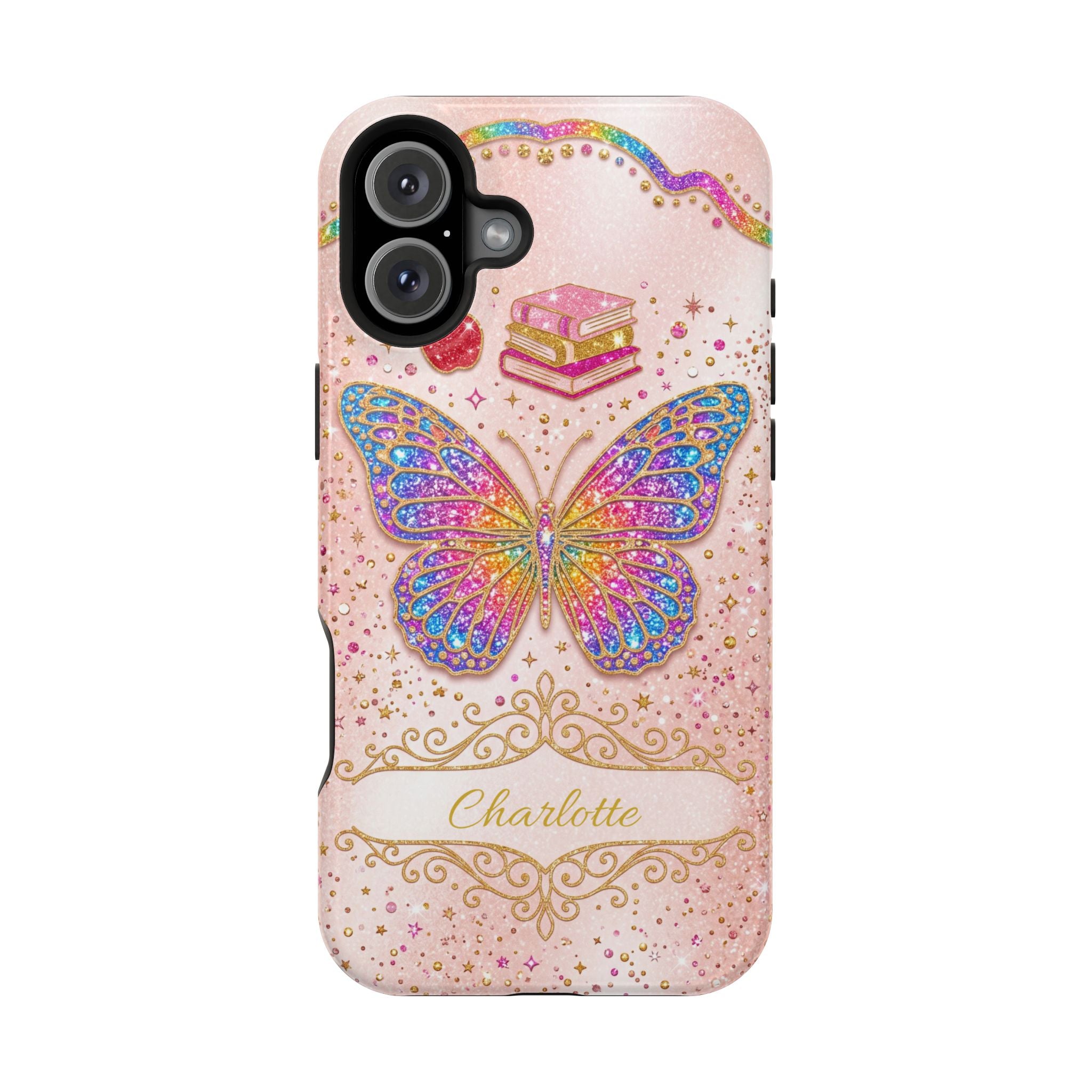 Blush Glitter Butterfly Personalized Teacher Phone Case — Wireless Charging Cover