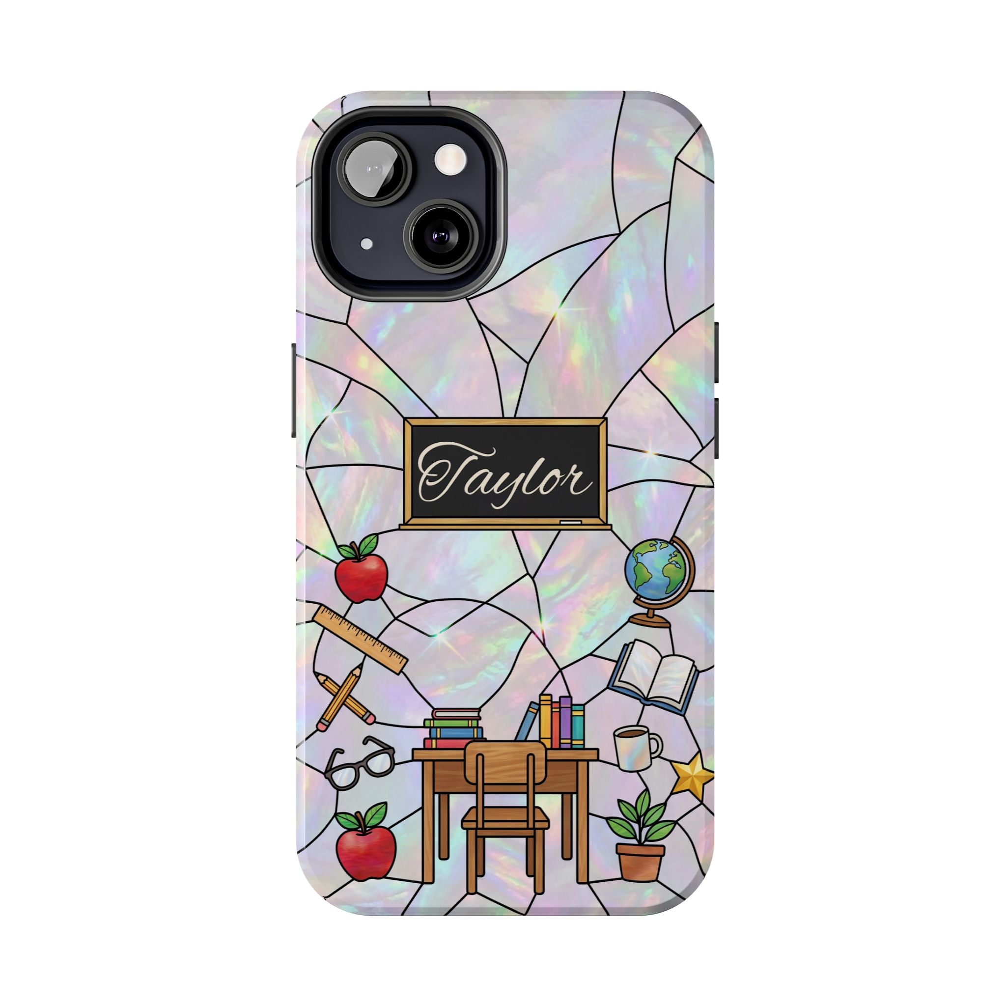 Personalized Teacher Phone Case — Custom Name Stained Glass Classroom Design