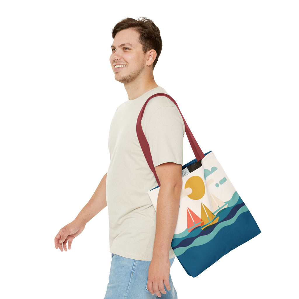 Minimalist Sailboat Tote Bag – Mid-Century Modern Ocean Waves Beach Bag