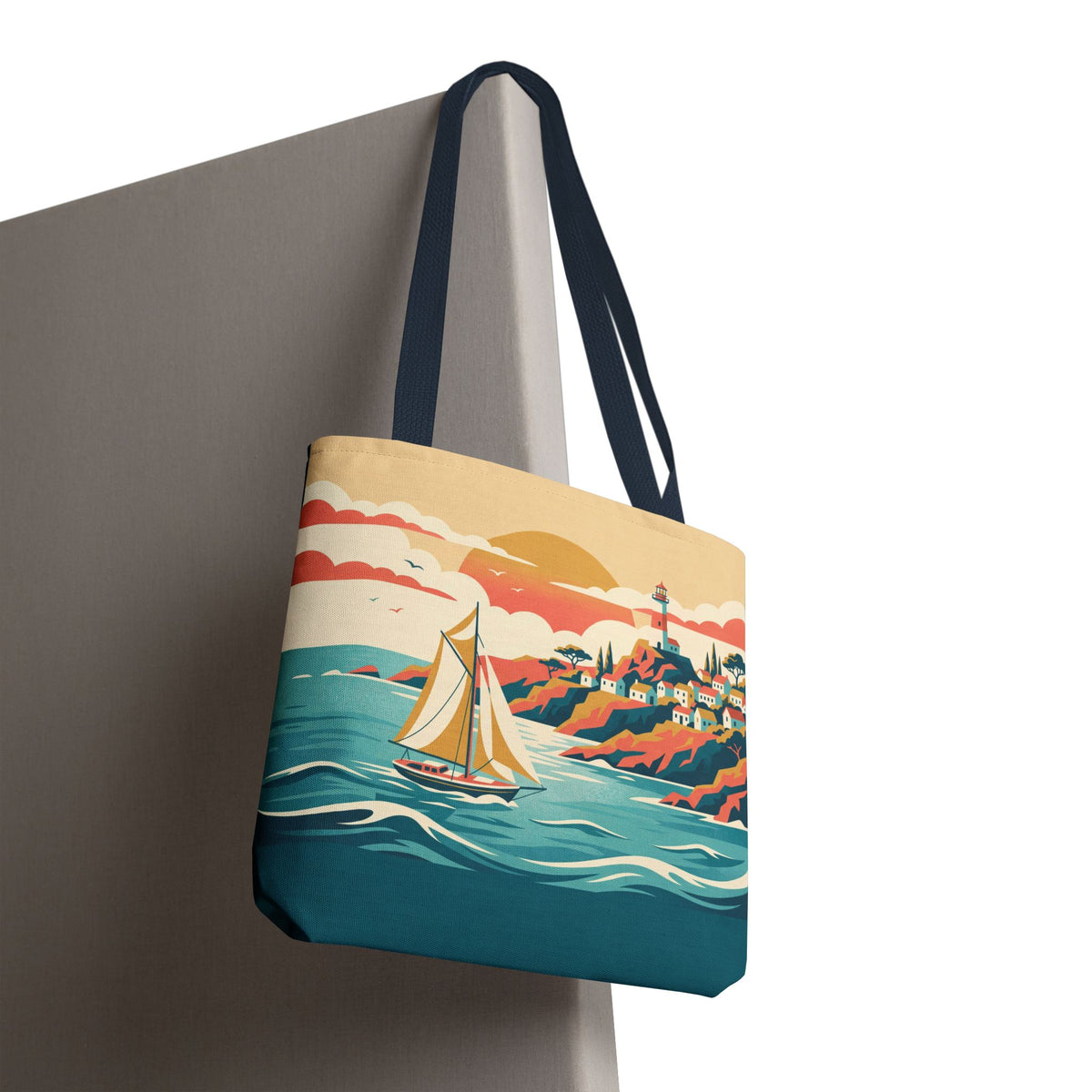 Coastal Lighthouse Sailboat Tote Bag – Retro Seaside Sunset Beach Bag