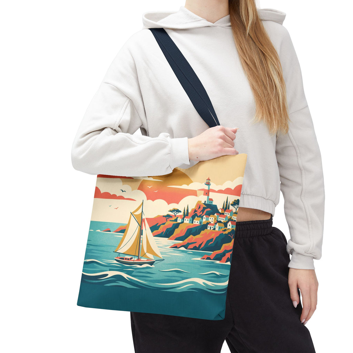 Coastal Lighthouse Sailboat Tote Bag – Retro Seaside Sunset Beach Bag