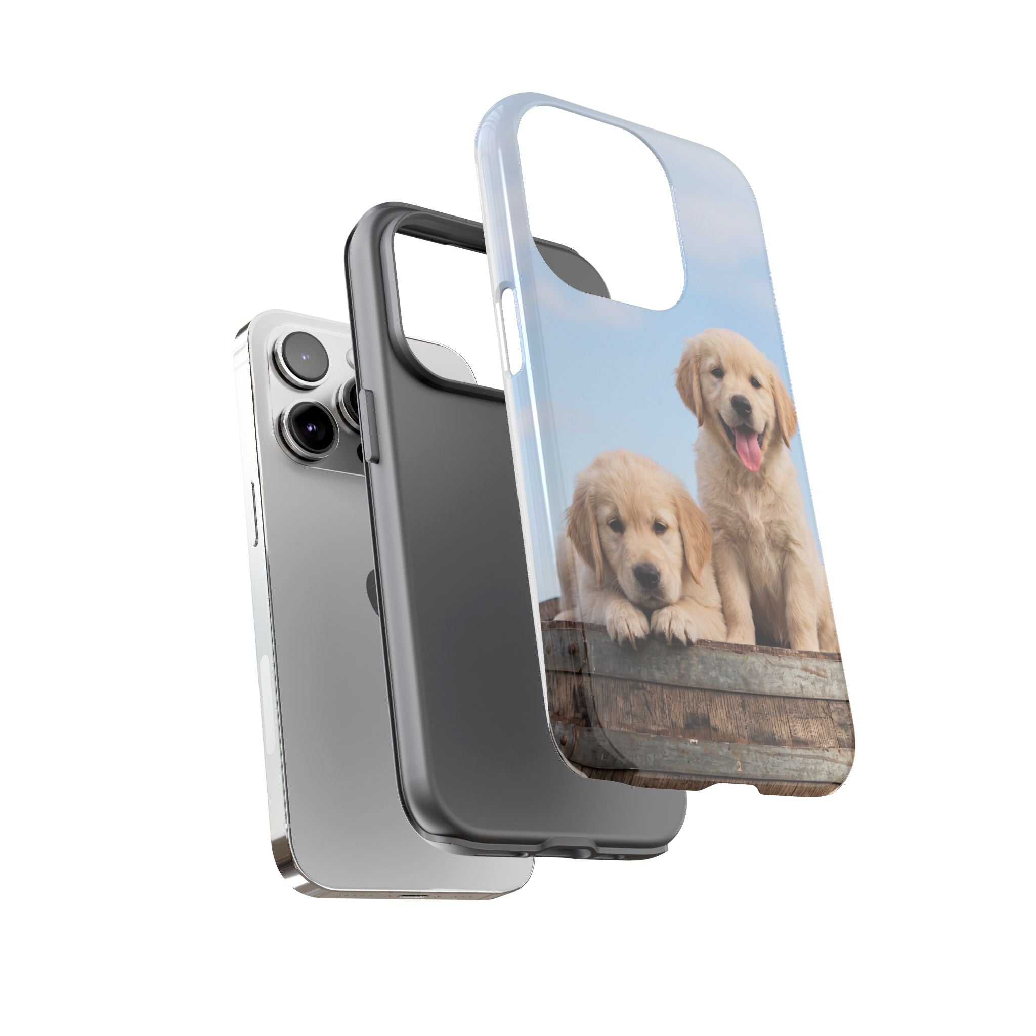 Golden Retriever Puppies on Barrel Phone Case | Cute Duo Under Blue Sky | iPhone & Samsung
