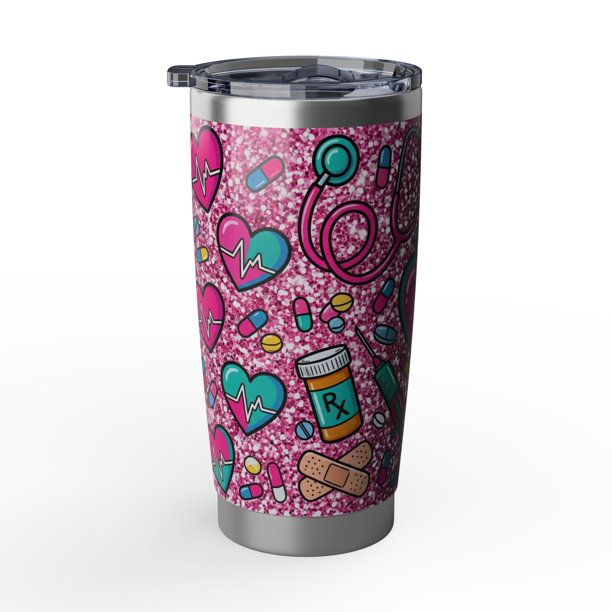 Personalized Nurse Tumbler – Custom Name Pink Glitter Heart Design 20 oz