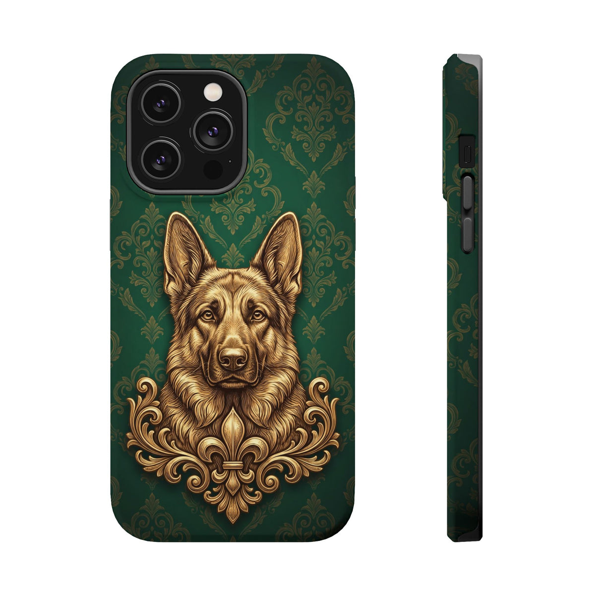 German Shepherd Phone Case | Emerald Baroque Gold Art — Tough Magnetic Case with Wireless Charging