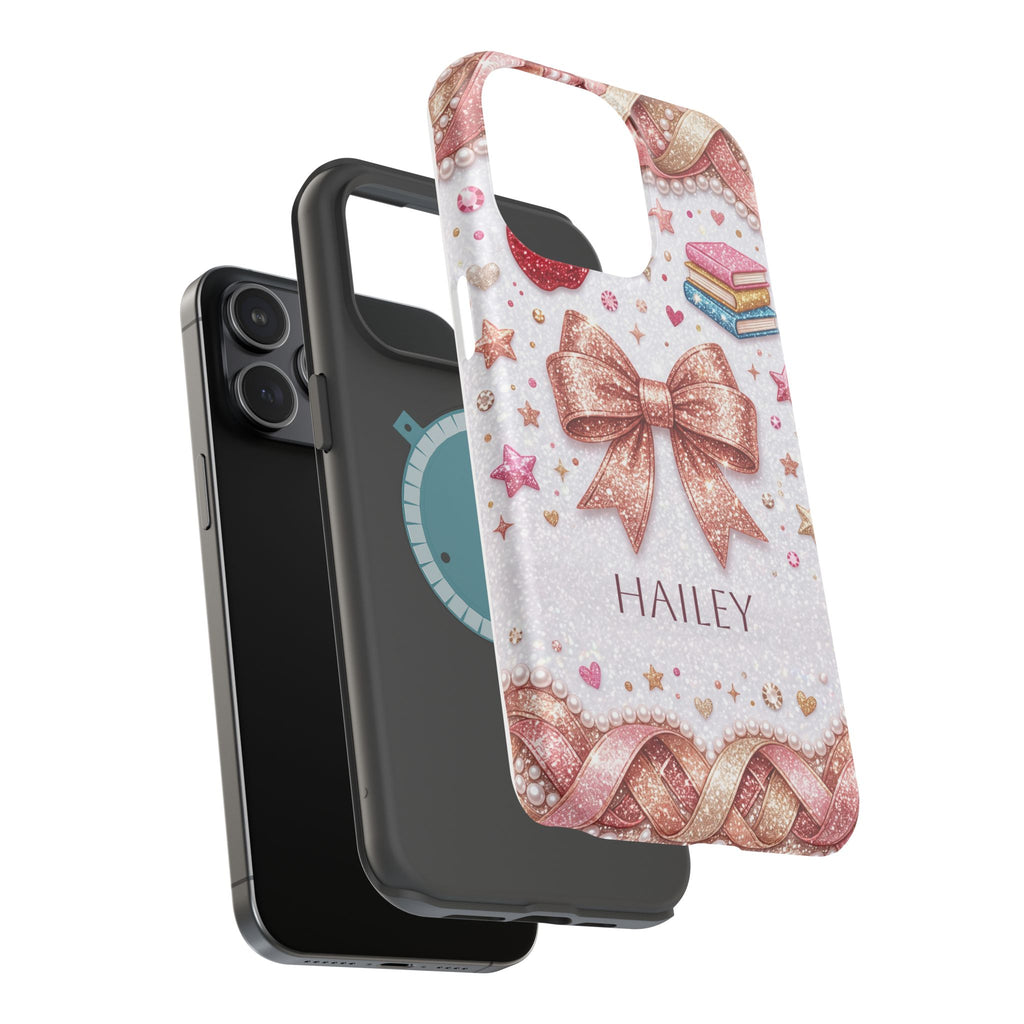 Rose Gold Glitter Bow Personalized Teacher Phone Case — Wireless Charging Cover