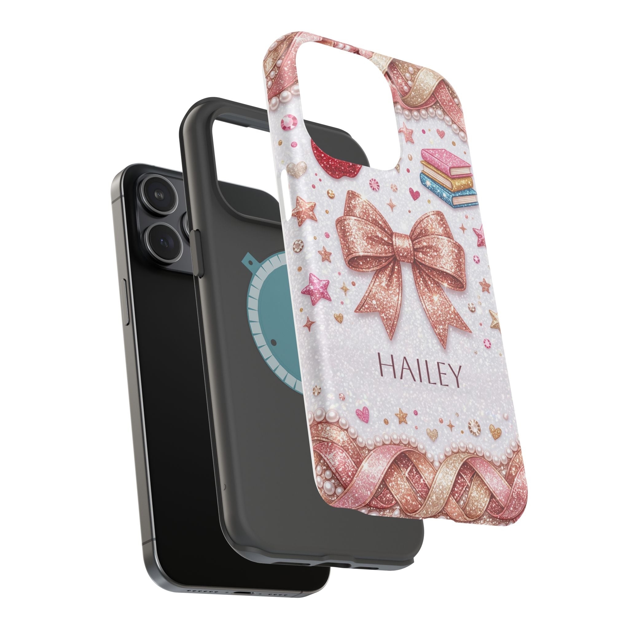 Rose Gold Glitter Bow Personalized Teacher Phone Case — Wireless Charging Cover