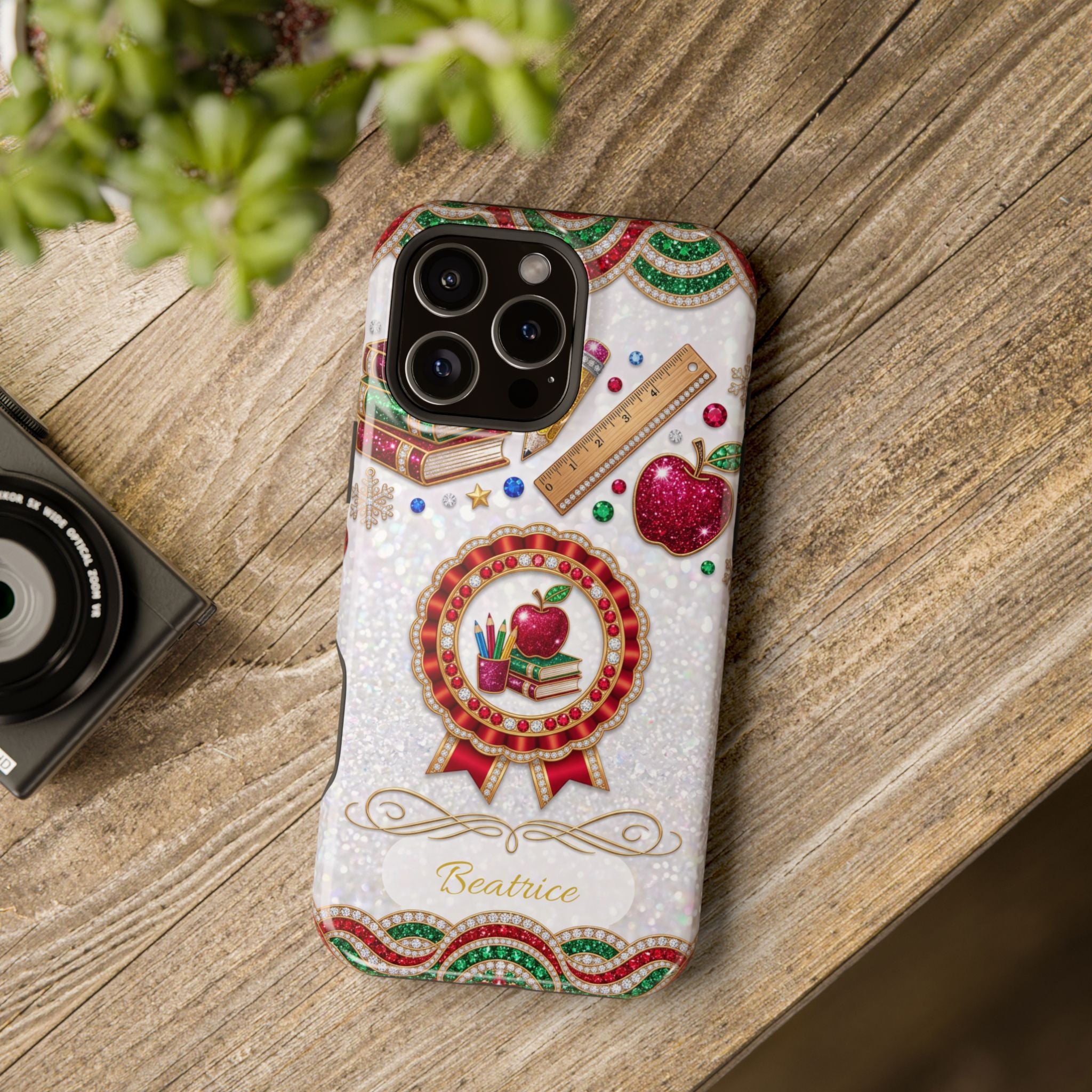 Jeweled Apple Medallion Personalized Teacher Phone Case — Wireless Charging Cover