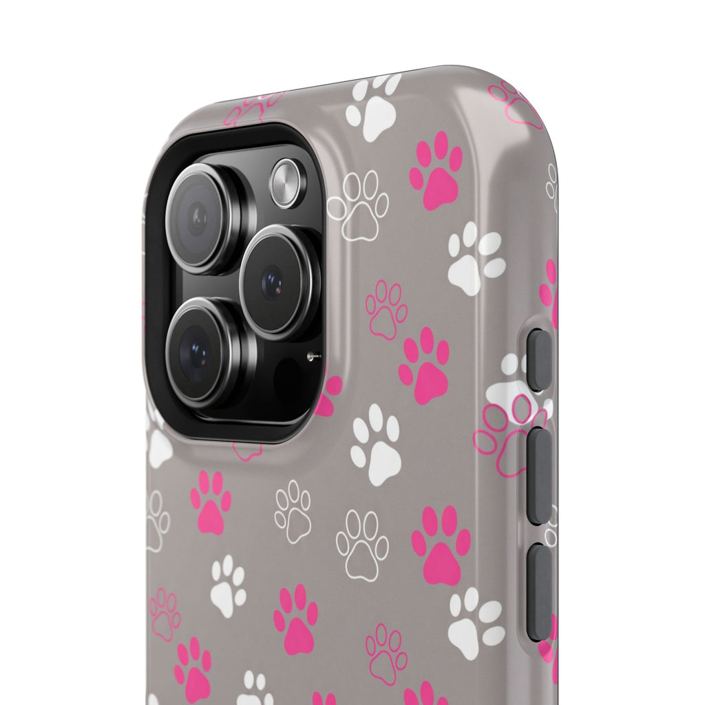 Pink & White Paw Print Phone Case — Impact-Resistant Wireless Charging Cover