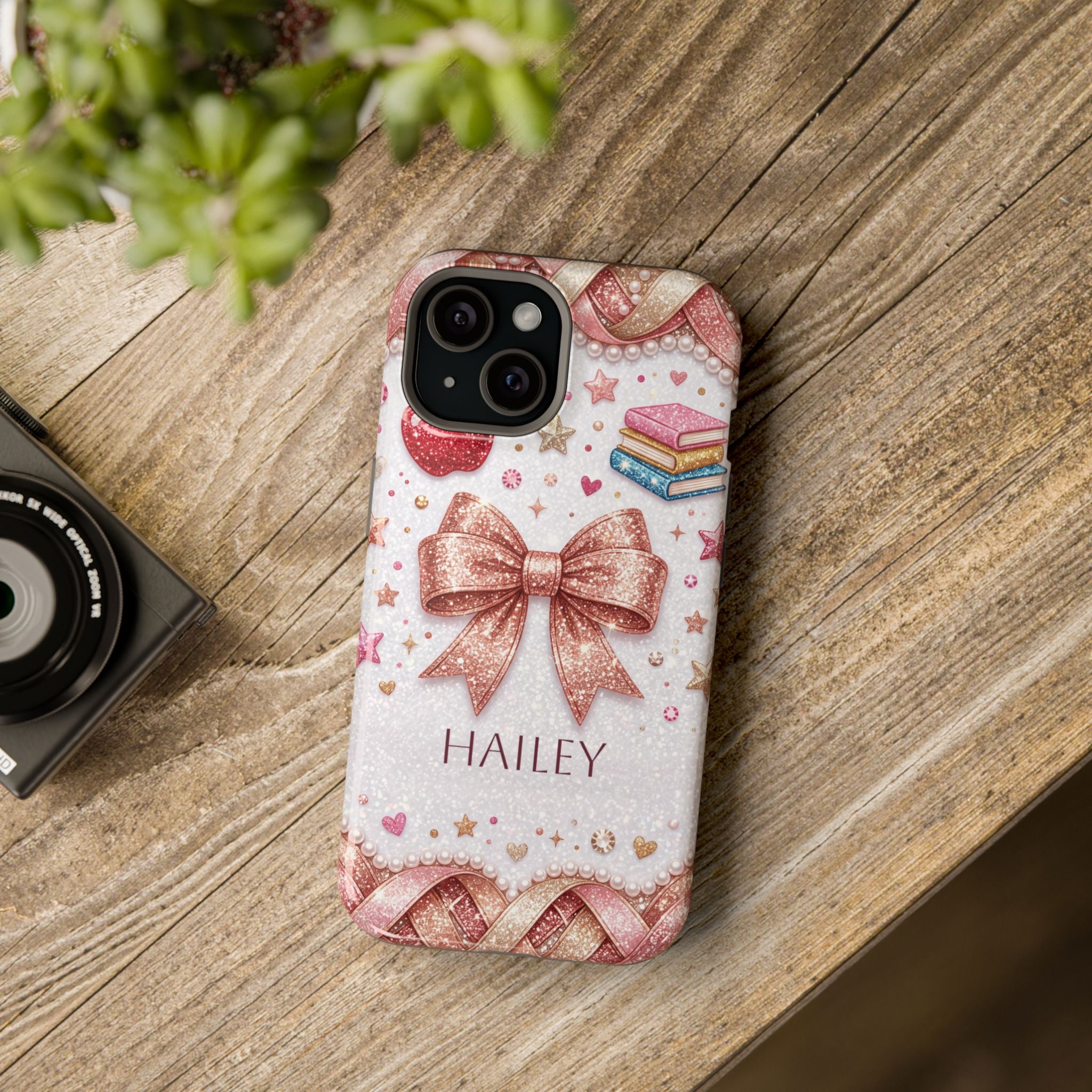 Rose Gold Glitter Bow Personalized Teacher Phone Case — Wireless Charging Cover
