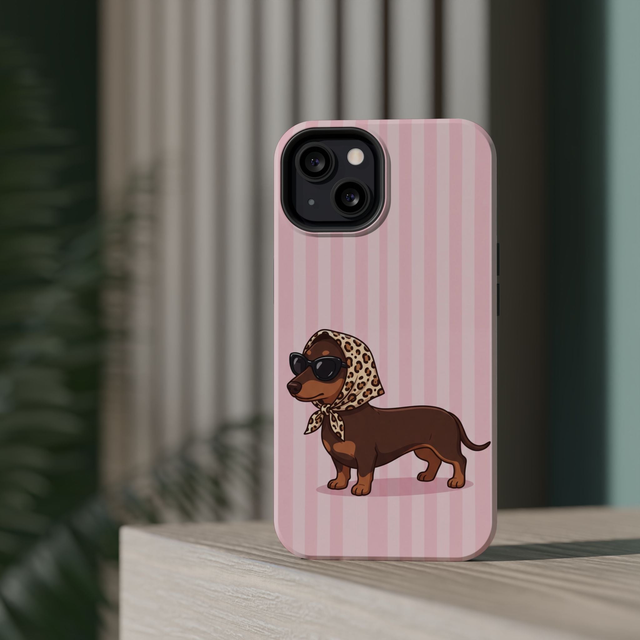 Glam Dachshund Phone Case | Cute Sausage Dog in Leopard Scarf & Sunglasses | Pink Stripe Case for iPhone & Samsung