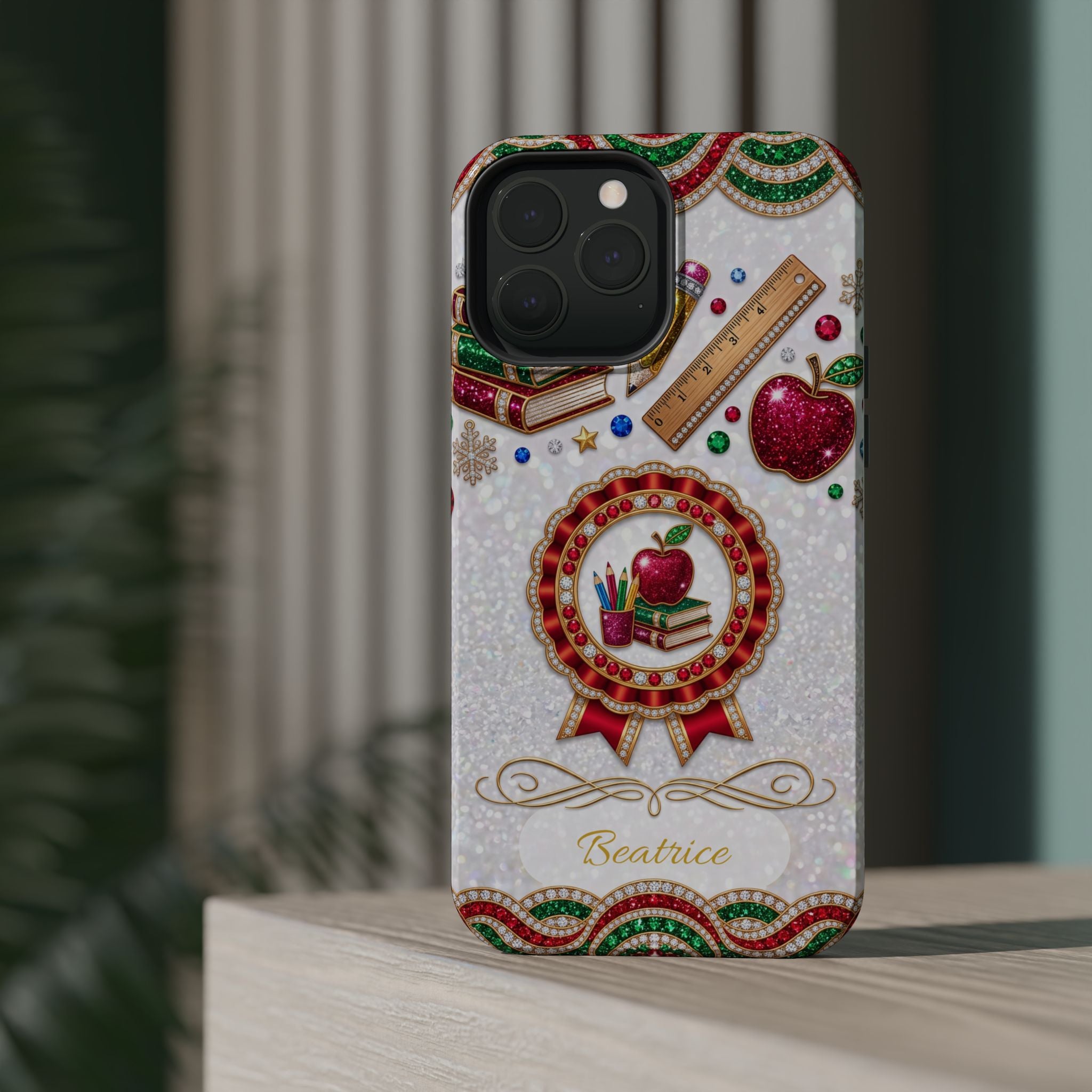 Jeweled Apple Medallion Personalized Teacher Phone Case — Wireless Charging Cover