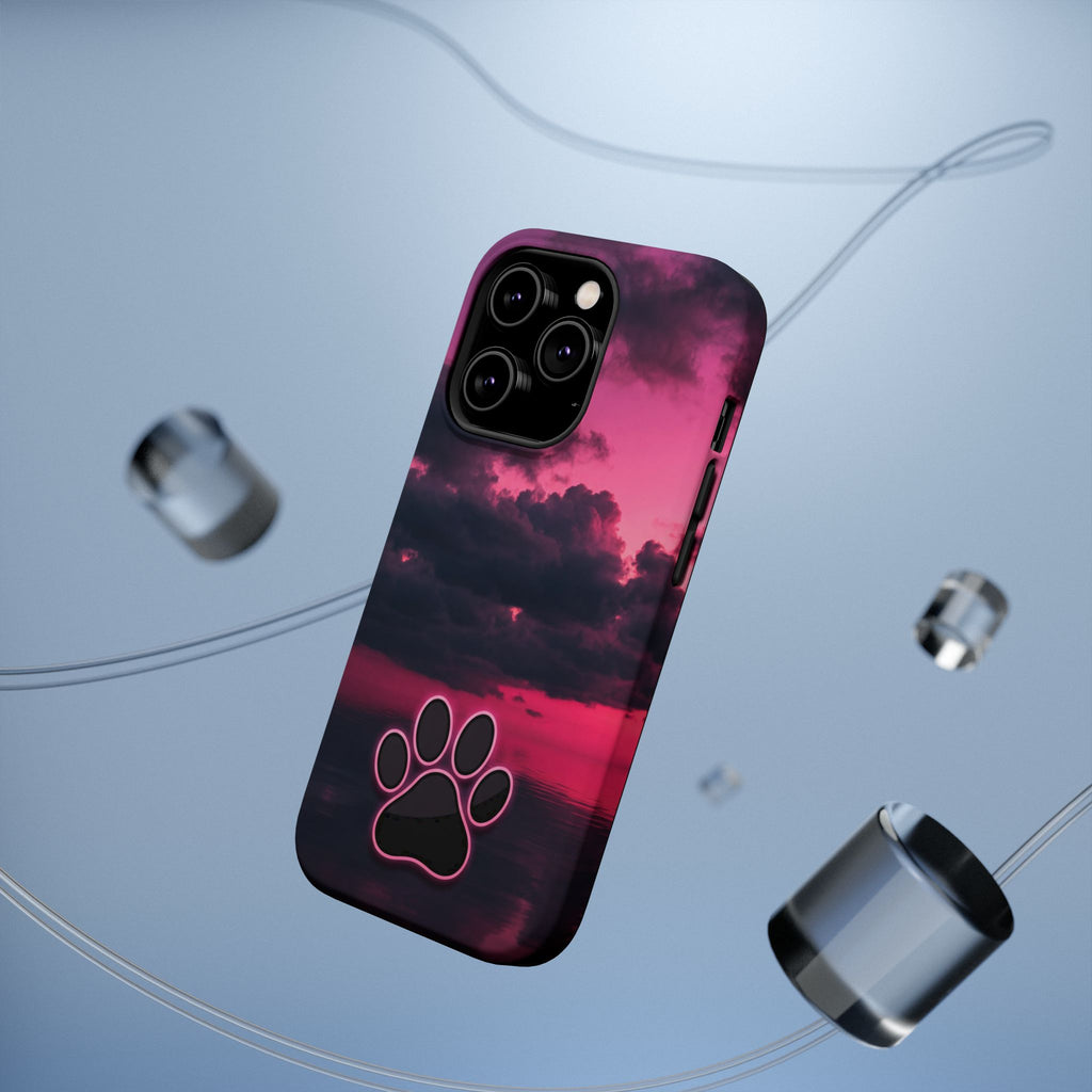 iPhone & Samsung Magnetic Impact-Resistant Phone Case — Pink Twilight Cloud with Paw Print