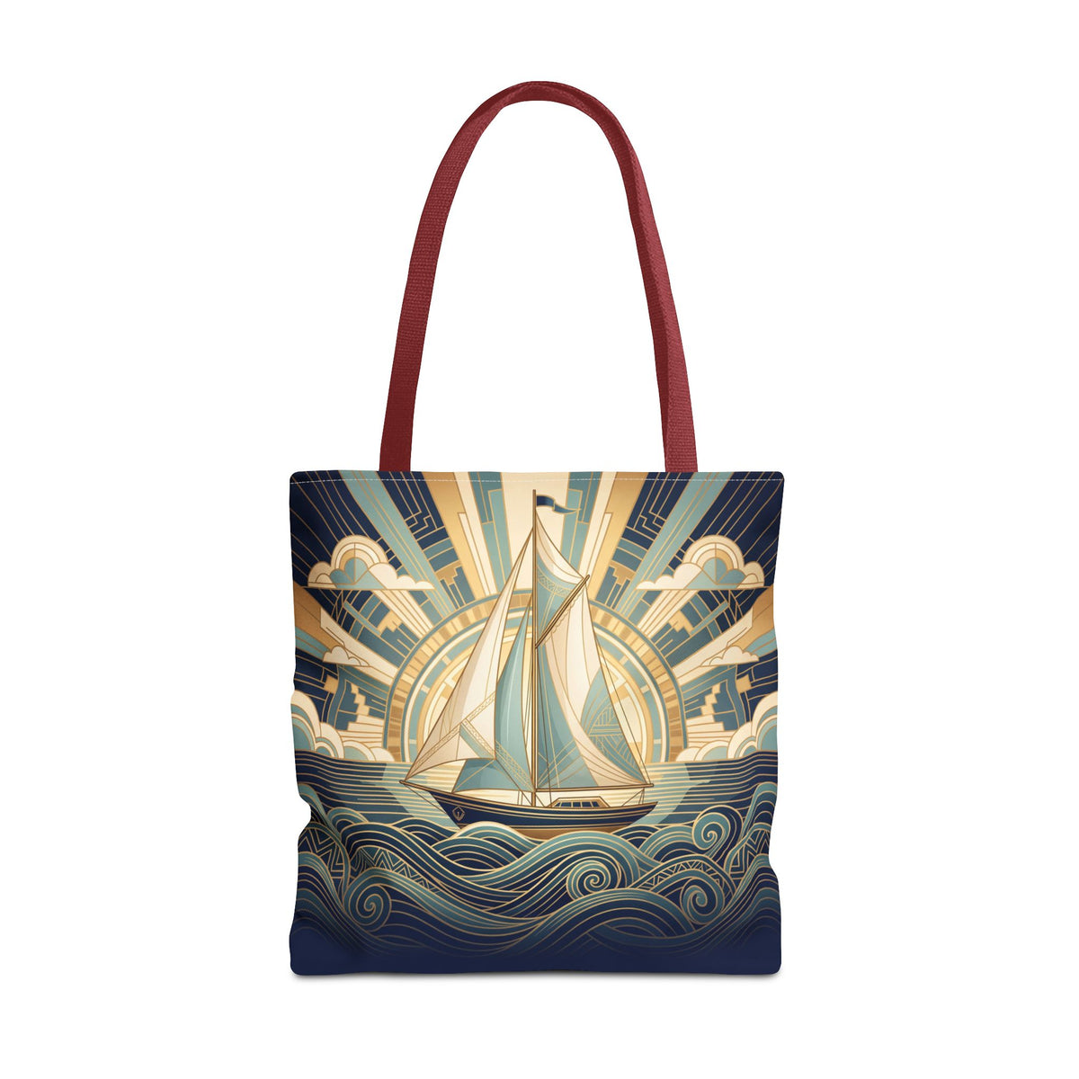 Vintage Art Deco Sailboat Tote Bag – Sunrise Swirling Waves Beach Bag