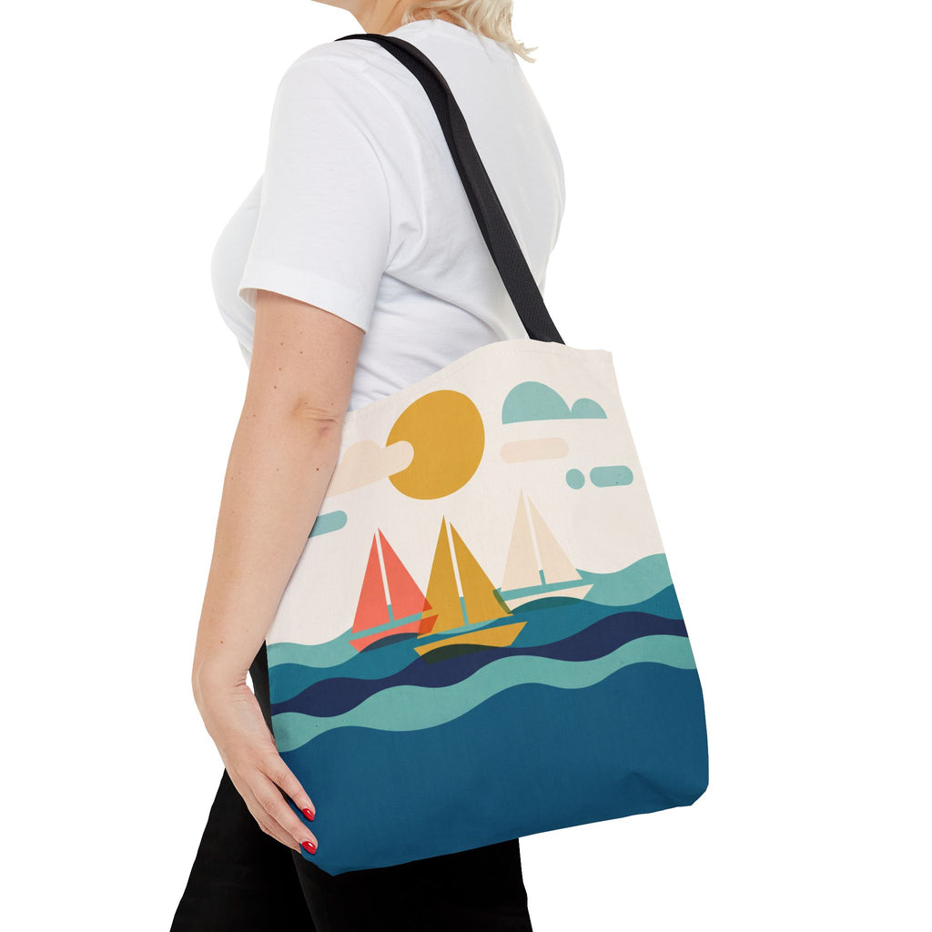 Minimalist Sailboat Tote Bag – Mid-Century Modern Ocean Waves Beach Bag
