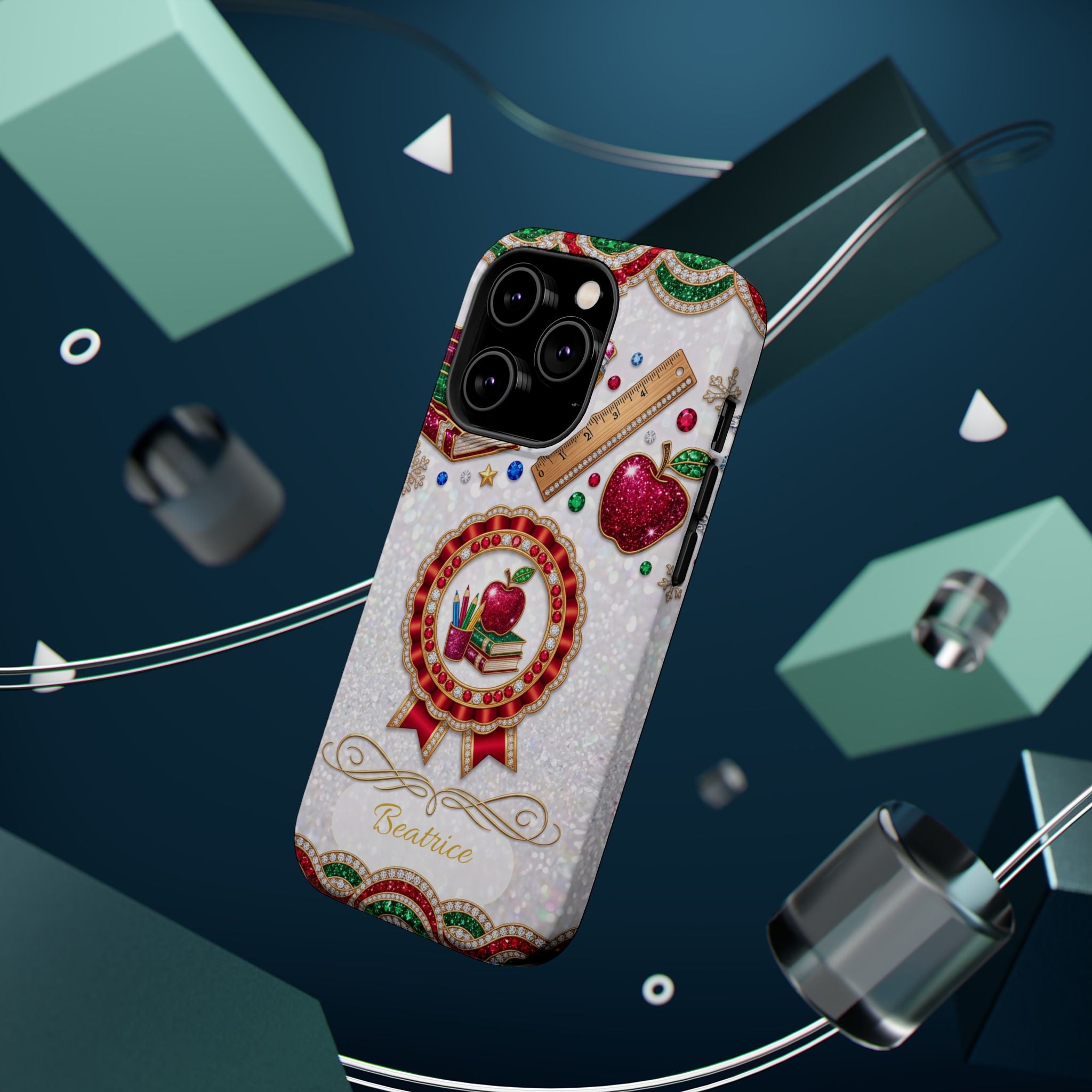 Jeweled Apple Medallion Personalized Teacher Phone Case — Wireless Charging Cover