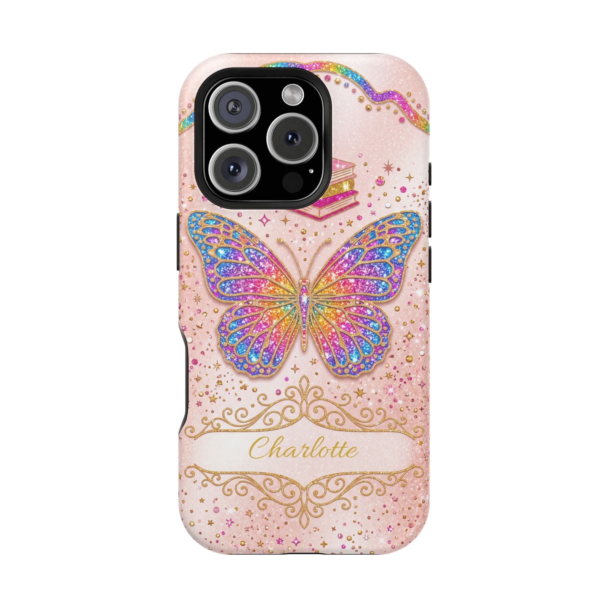 Blush Glitter Butterfly Personalized Teacher Phone Case — Wireless Charging Cover