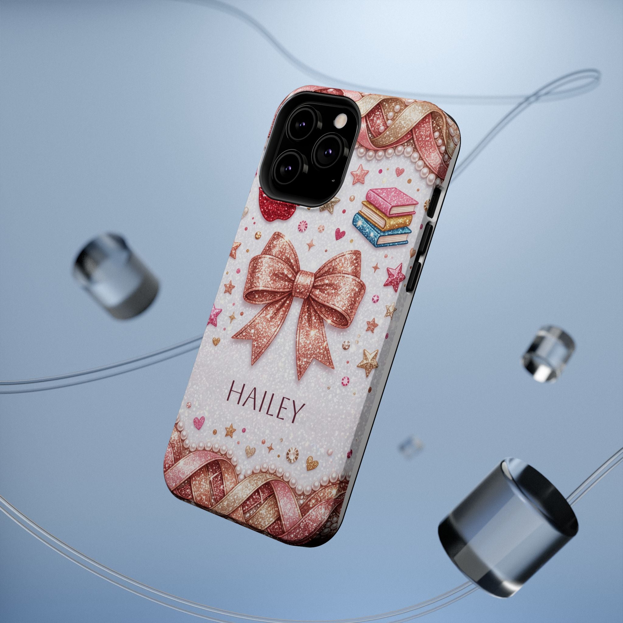 Rose Gold Glitter Bow Personalized Teacher Phone Case — Wireless Charging Cover