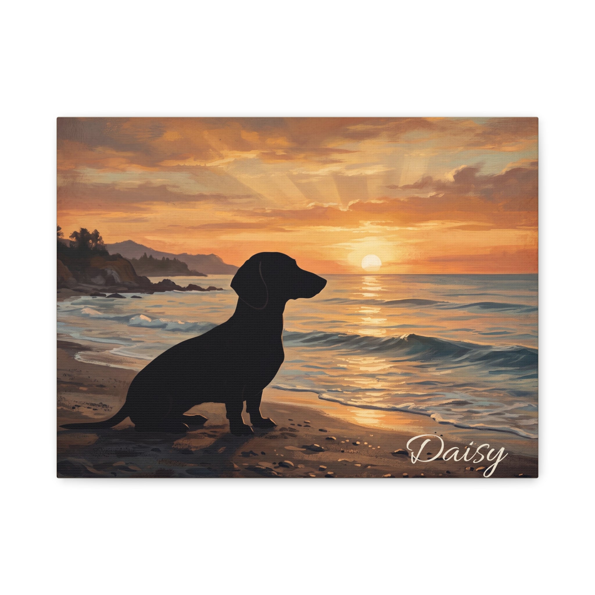 Dachshund Silhouette Personalized Canvas | Beach Sunset Wall Art
