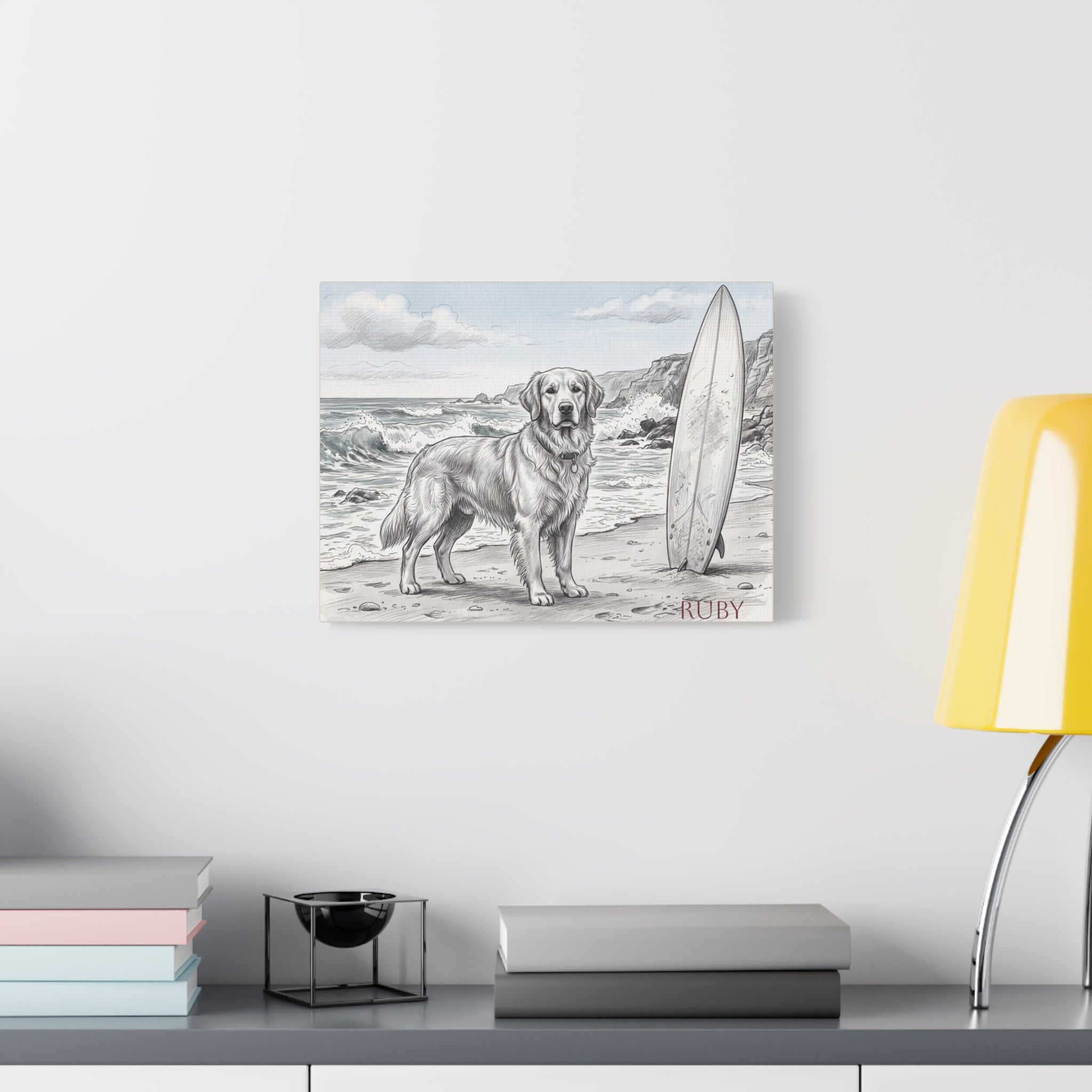 Golden Retriever Beach Sketch Personalized Canvas | Coastal Surf Wall Art