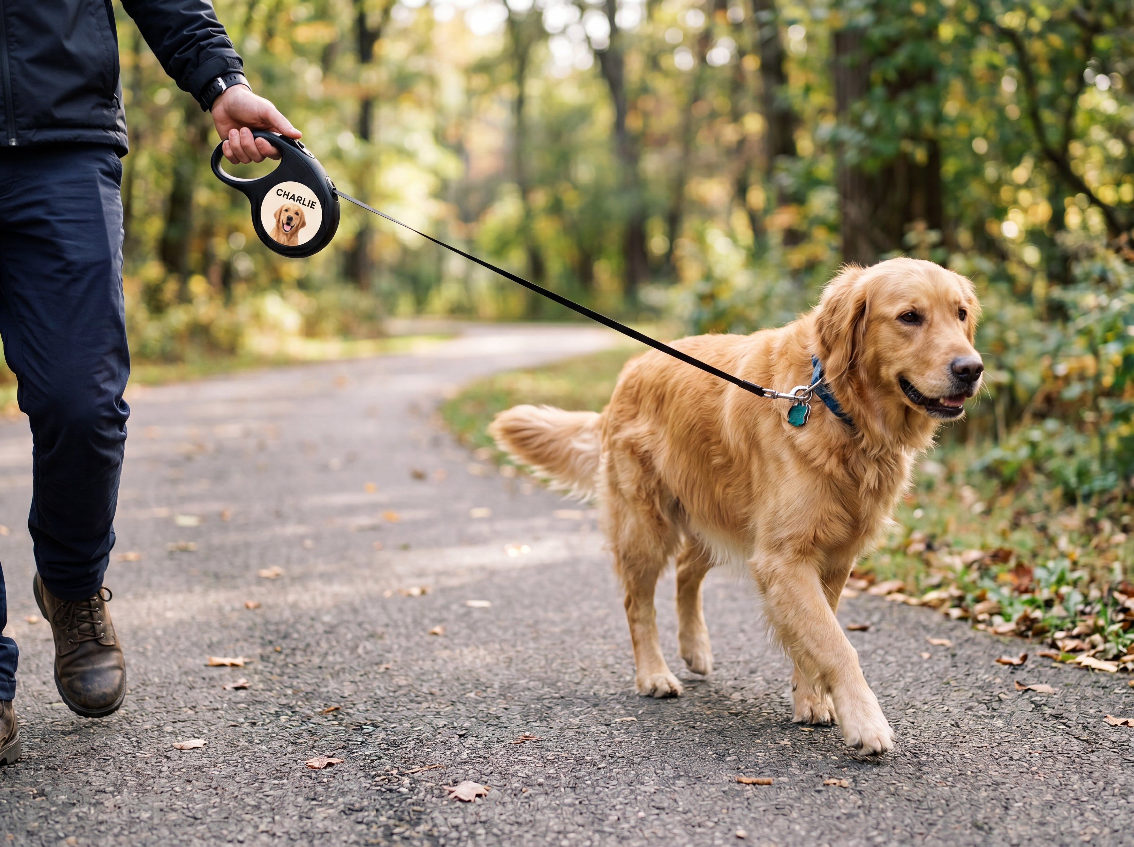 Personalized Golden Retriever Retractable Dog Leash | Custom Name & Photo Pet Leash