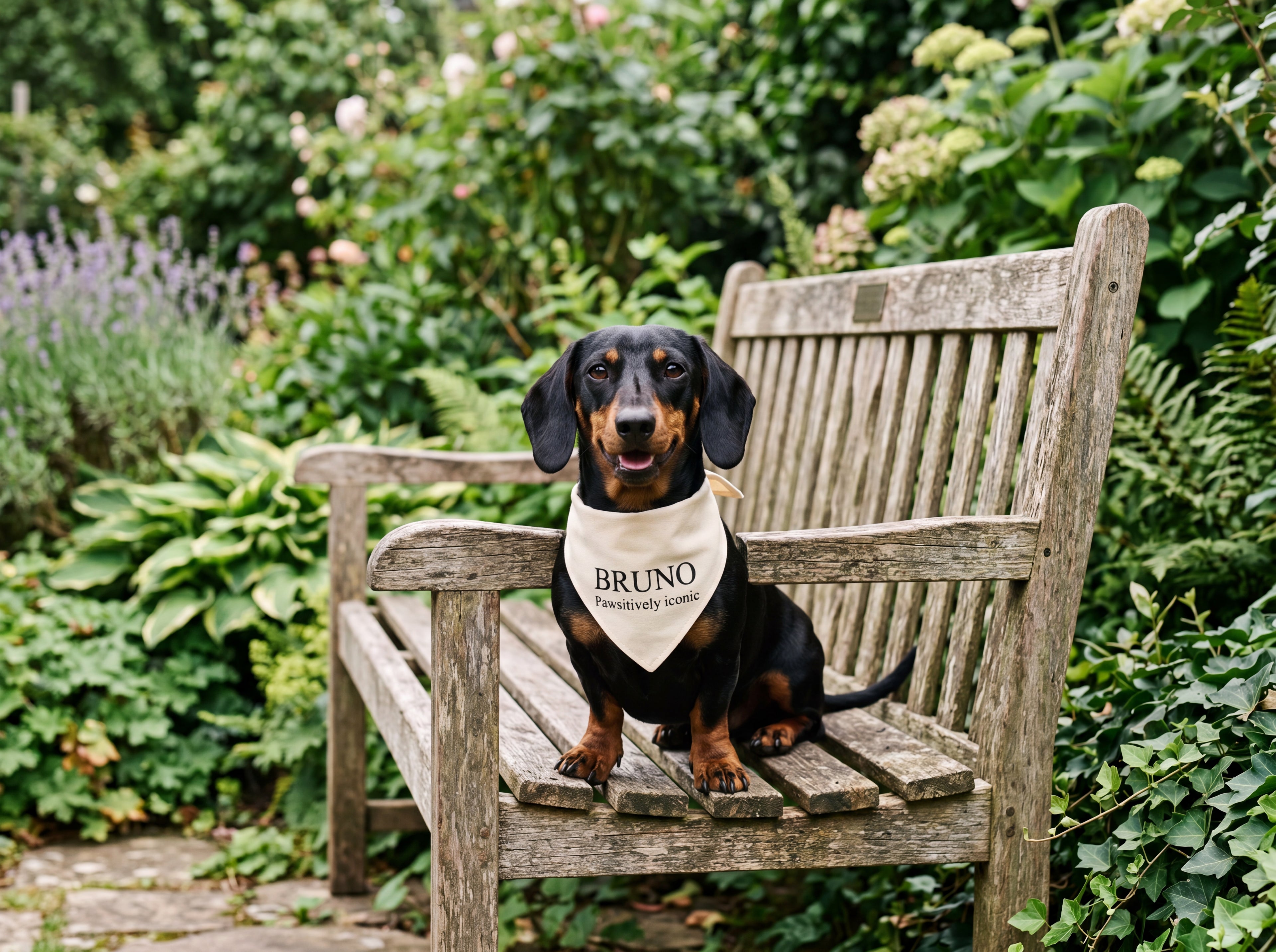 Personalized Dachshund Bandana | Custom Name Pet Bandana | Warm Cream Pawsitively Iconic Dog Bandana