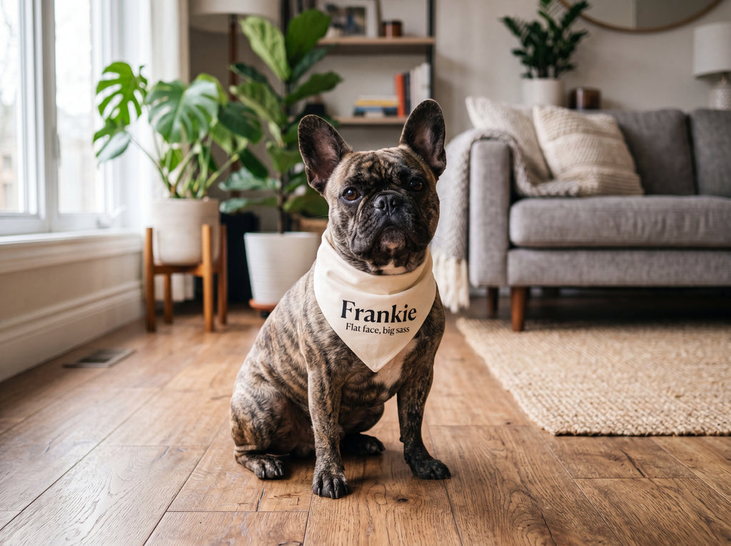 Personalized French Bulldog Bandana | Custom Name Pet Bandana | Warm Cream Flat Face Big Sass Dog Bandana