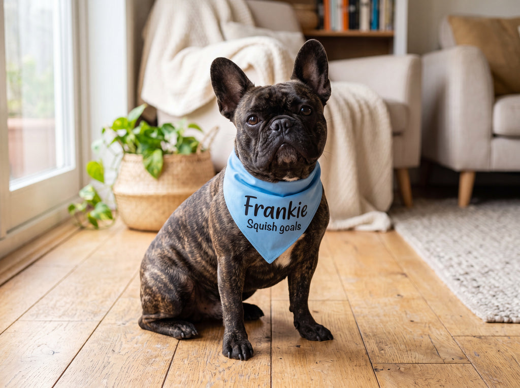 Personalized French Bulldog Bandana | Custom Name Pet Bandana | Sky Blue Squish Goals Dog Bandana