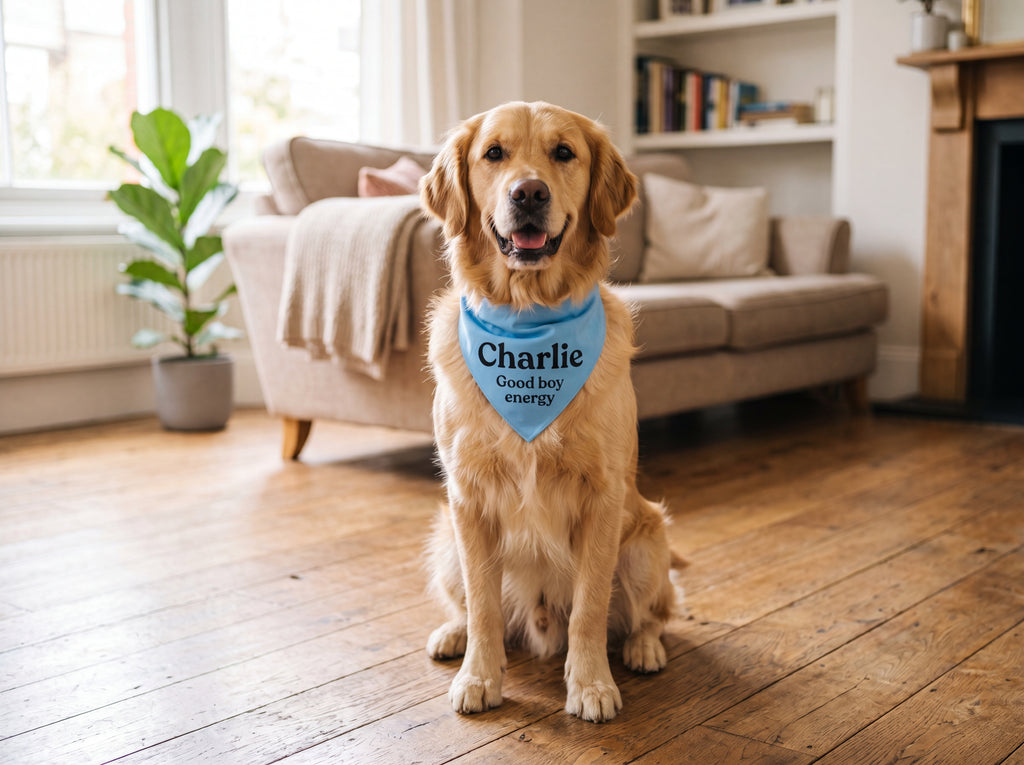 Personalized Golden Retriever Bandana | Custom Name Pet Bandana | Sky Blue Good Boy Energy Dog Bandana