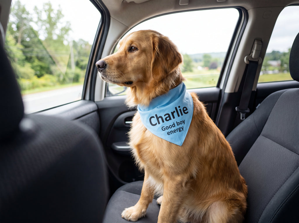 Personalized Golden Retriever Bandana | Custom Name Pet Bandana | Sky Blue Good Boy Energy Dog Bandana