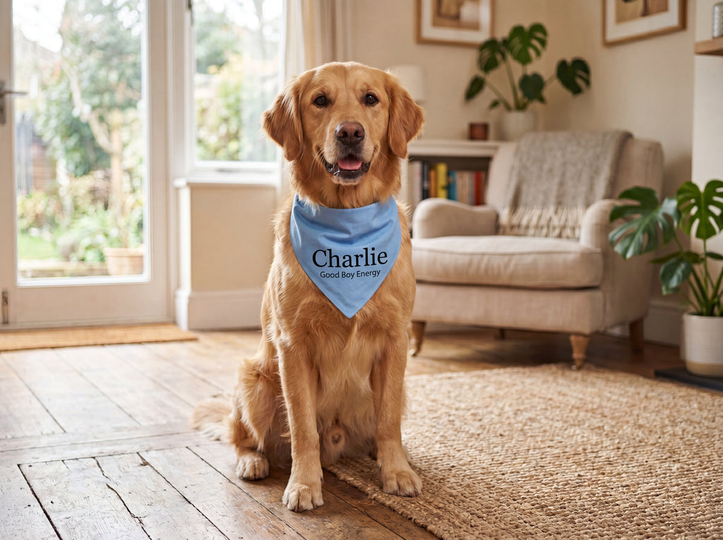 Personalized Golden Retriever Bandana | Custom Name Pet Bandana | Sky Blue Good Boy Energy Dog Bandana
