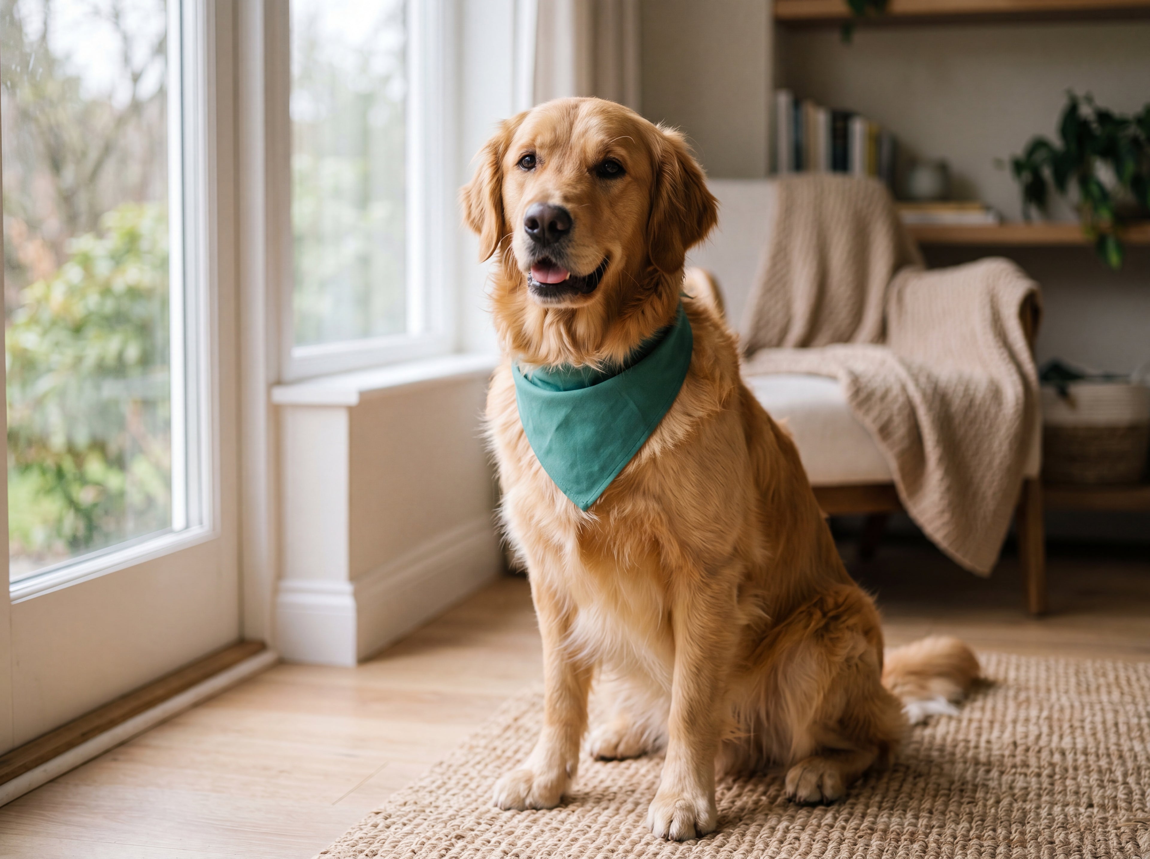 Golden Retriever Bandana | Teal Green | Sketch Art Goldie Dog Bandana | Pet Lover Gift