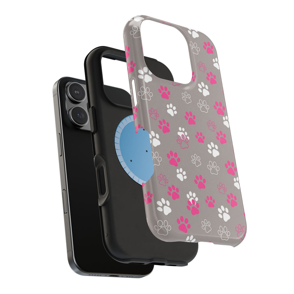 Pink & White Paw Print Phone Case — Impact-Resistant Wireless Charging Cover