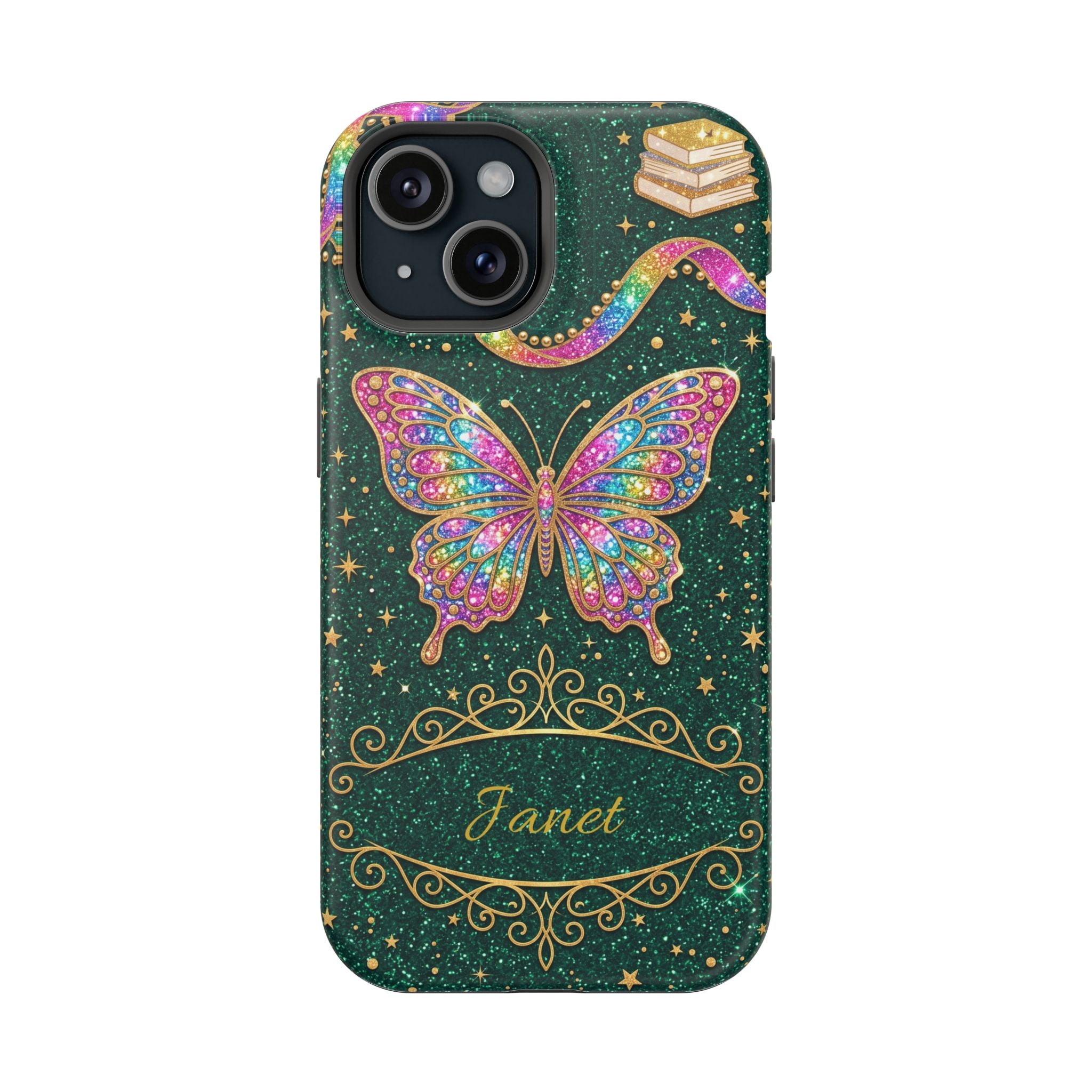 Rainbow Glitter Butterfly Personalized Teacher Phone Case — Wireless Charging Cover