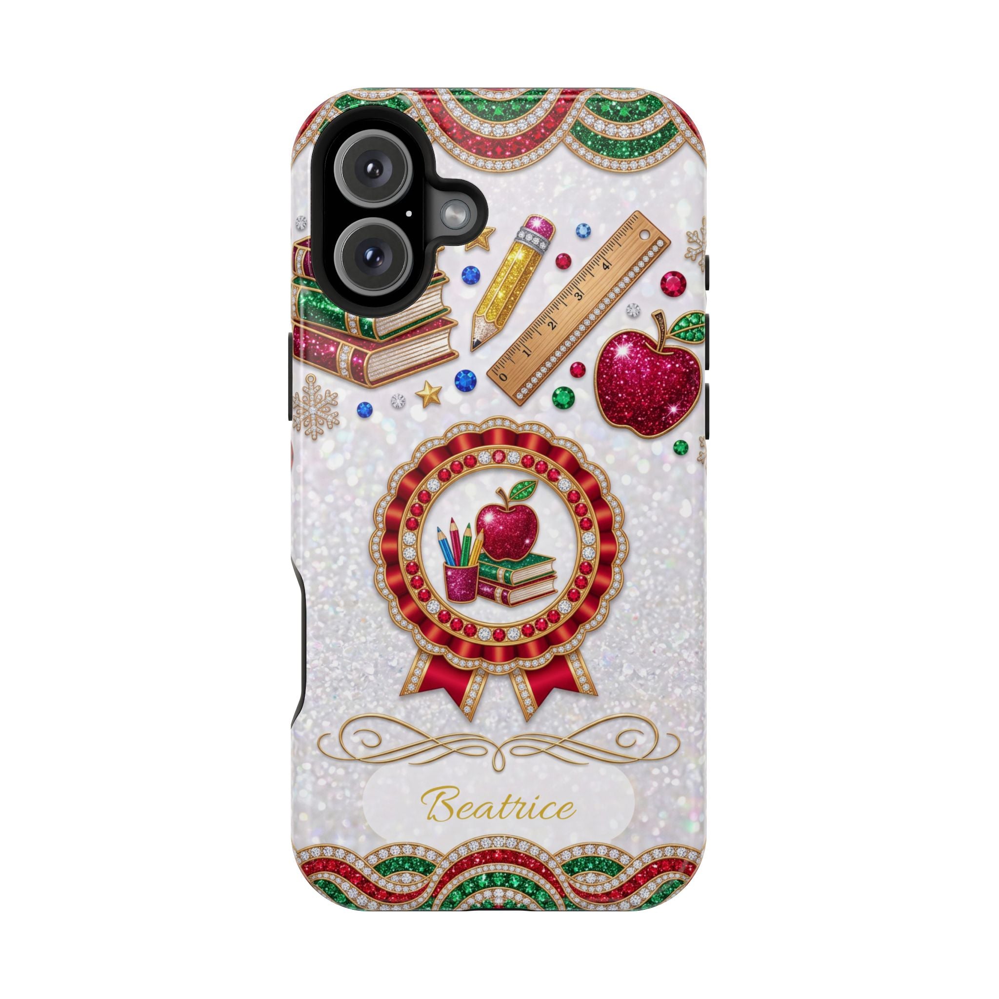 Jeweled Apple Medallion Personalized Teacher Phone Case — Wireless Charging Cover
