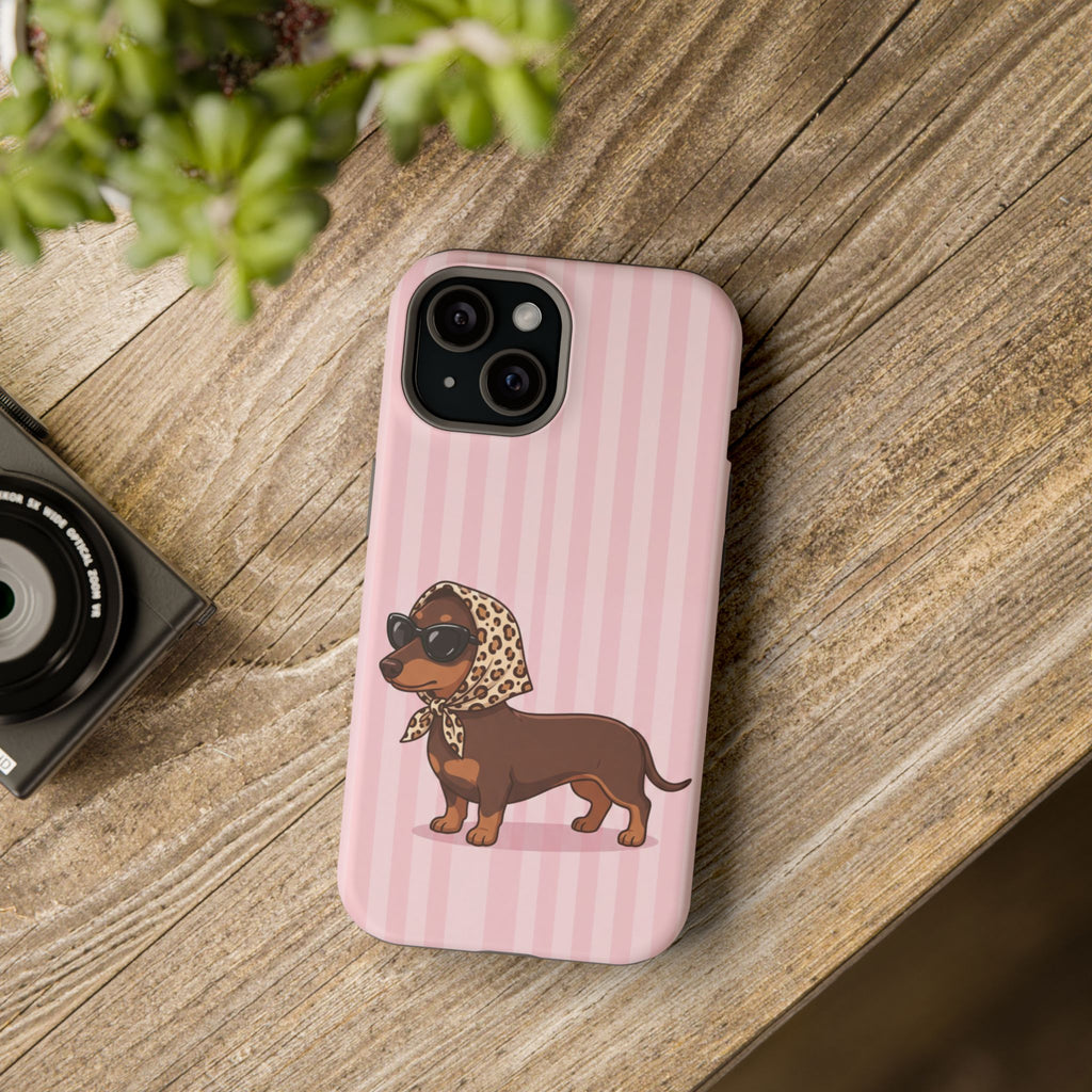 Glam Dachshund Phone Case | Cute Sausage Dog in Leopard Scarf & Sunglasses | Pink Stripe Case for iPhone & Samsung