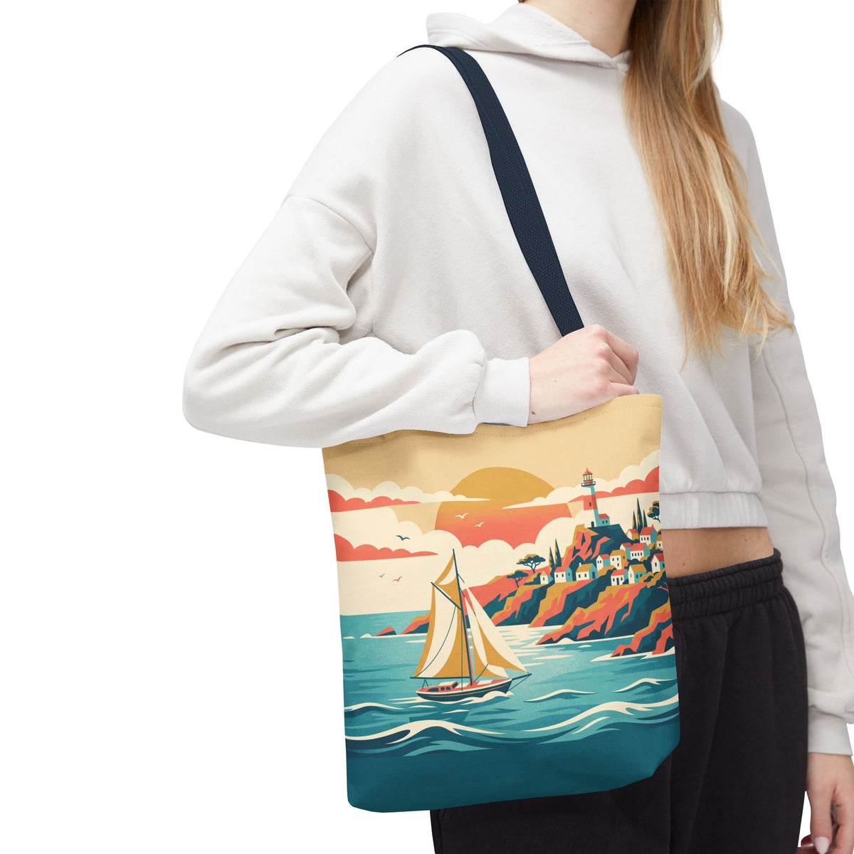Coastal Lighthouse Sailboat Tote Bag – Retro Seaside Sunset Beach Bag
