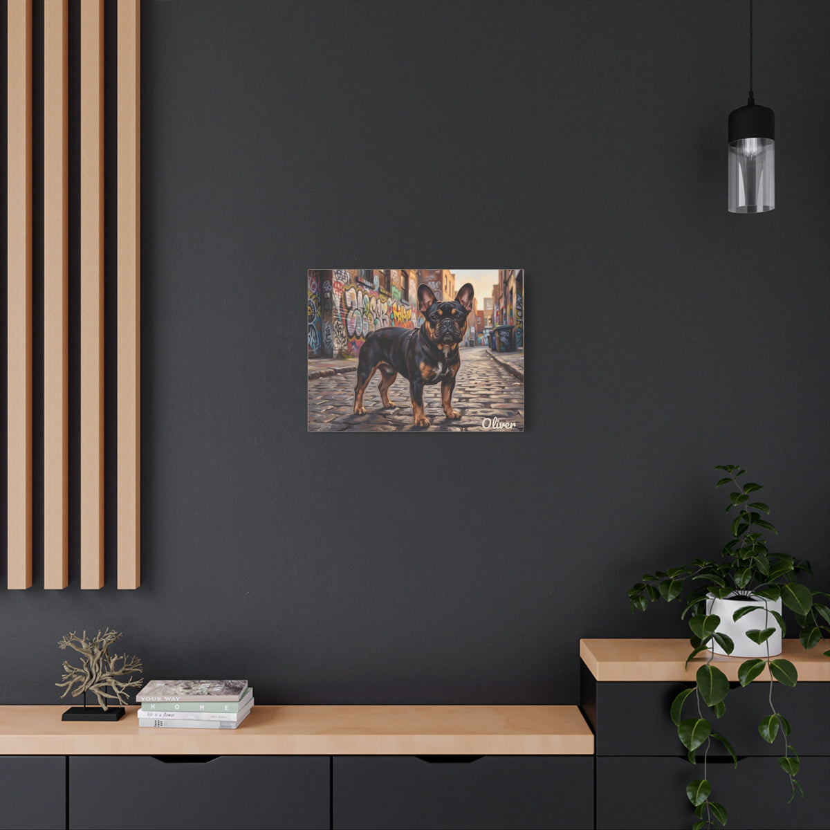French Bulldog Personalized Canvas | Black and Tan Frenchie Graffiti Alley Wall Art