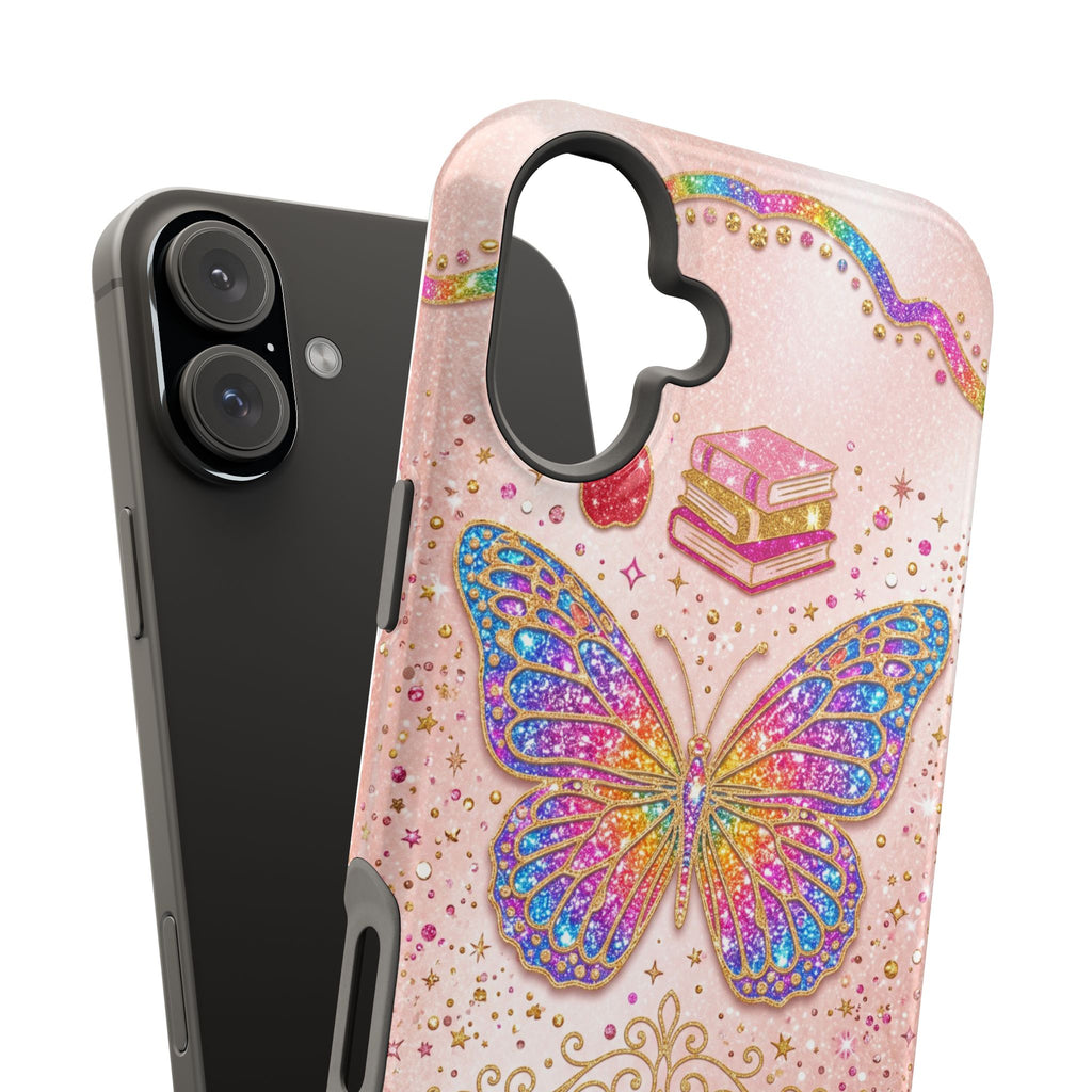 Blush Glitter Butterfly Personalized Teacher Phone Case — Wireless Charging Cover