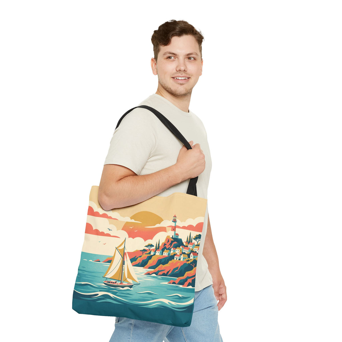 Coastal Lighthouse Sailboat Tote Bag – Retro Seaside Sunset Beach Bag