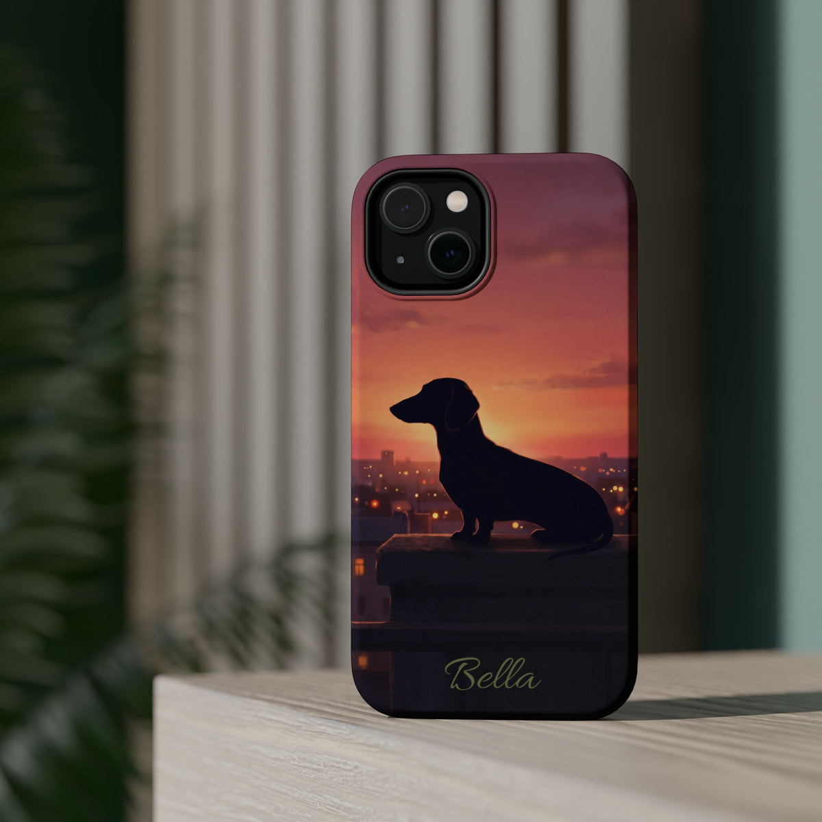 Personalized Dachshund Rooftop Sunset Phone Case — Wireless Charging Cover