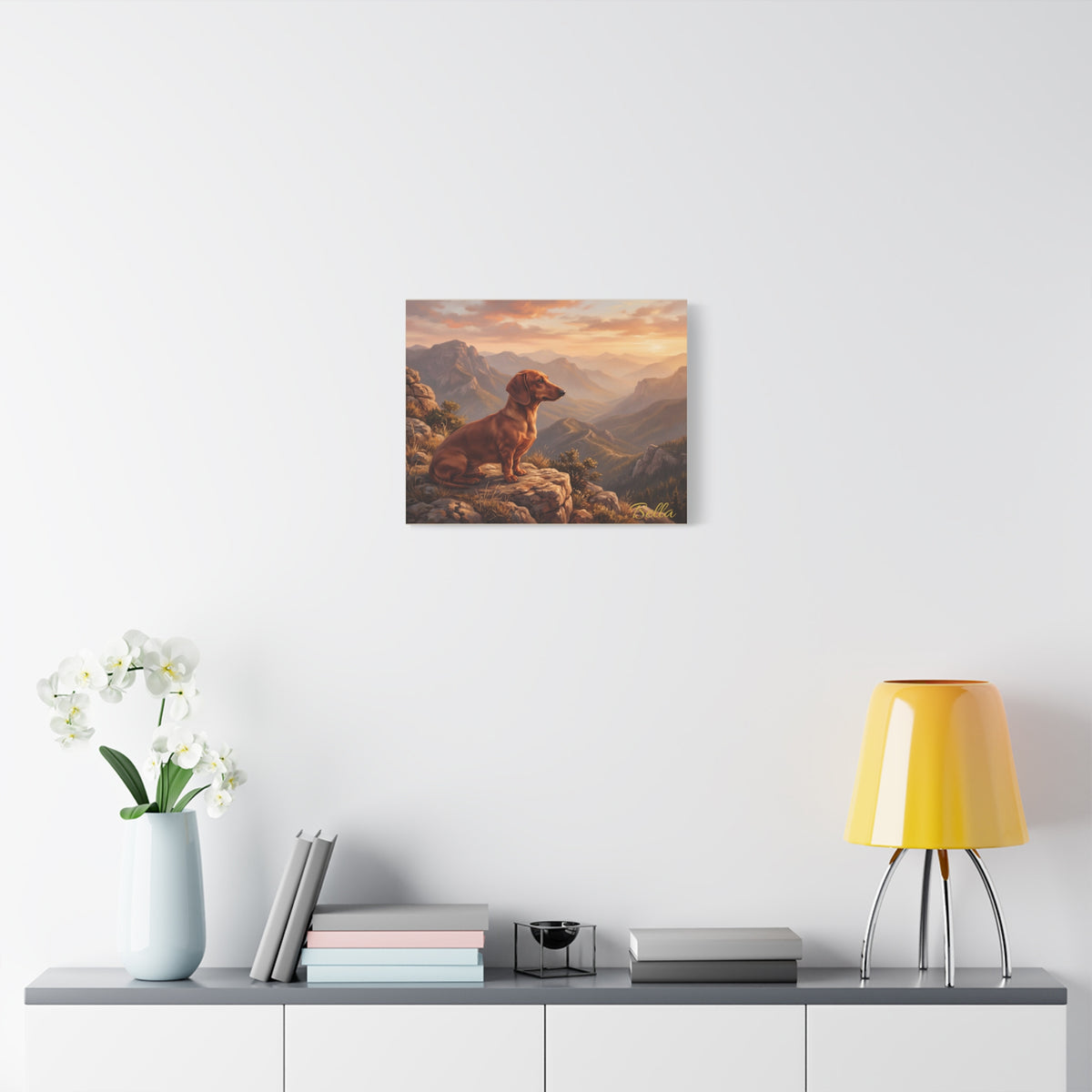 Personalized Dachshund Canvas — Mountain Sunset Scene