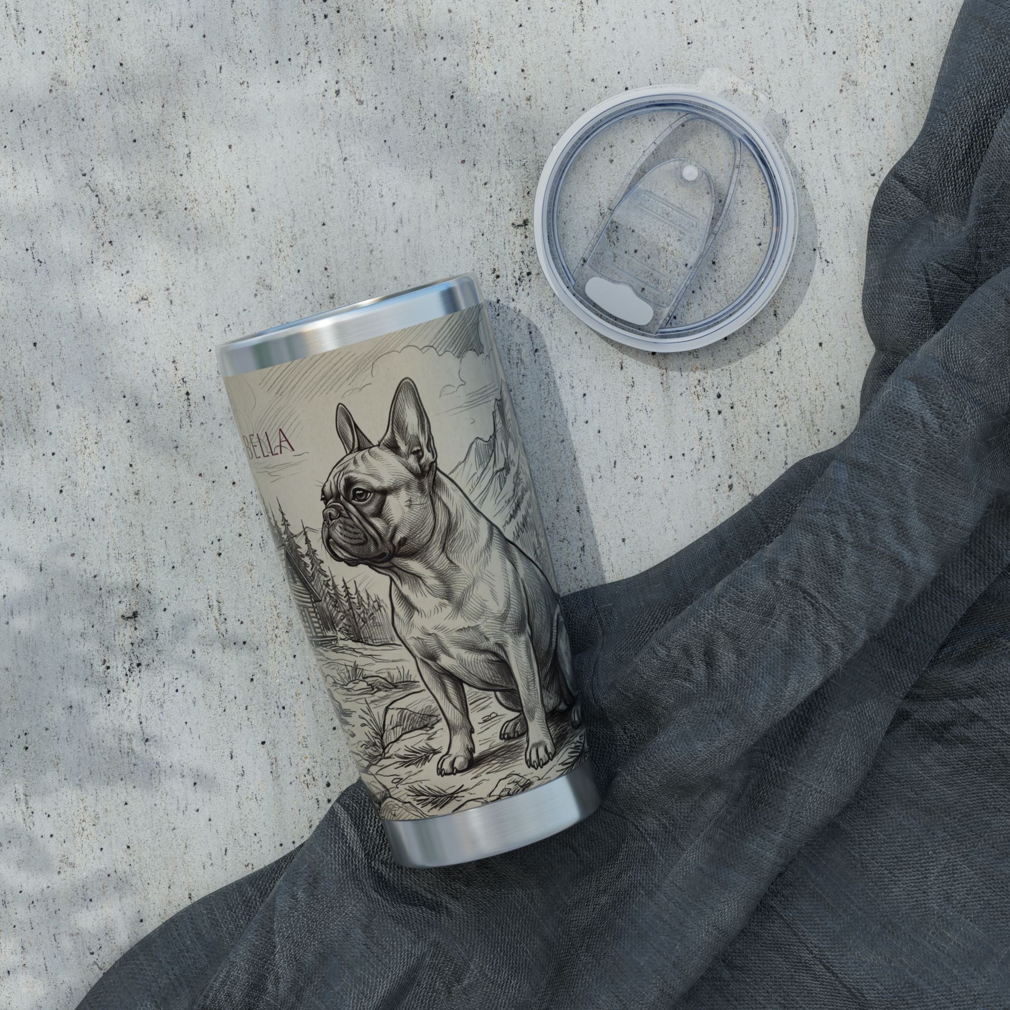 Frenchie Adventure Stainless Tumbler — 20 oz Personalized Travel Mug with Mountain Campfire Design